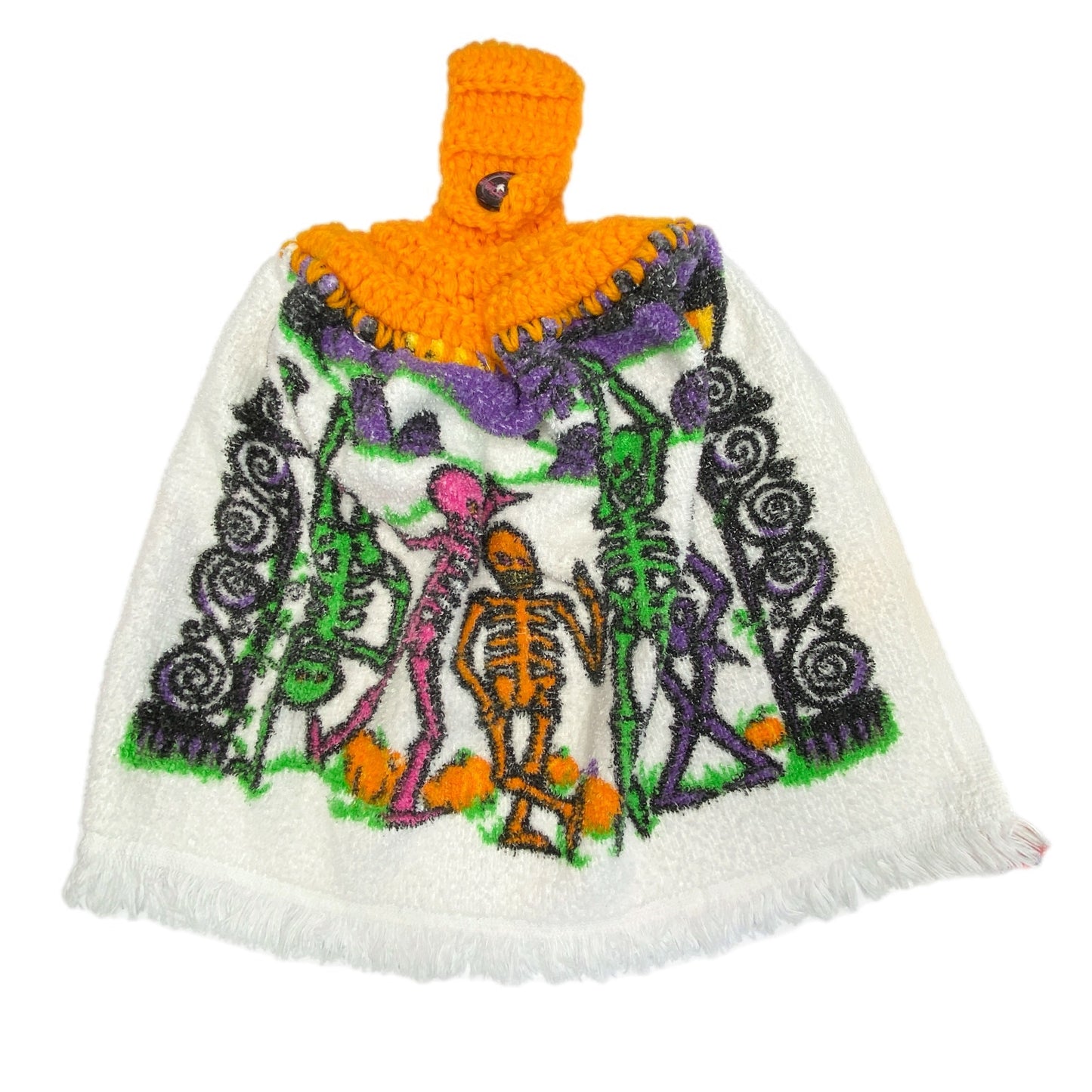 Homemade Crochet Top Halloween Towels Pumpkins Skeletons - Set of 2