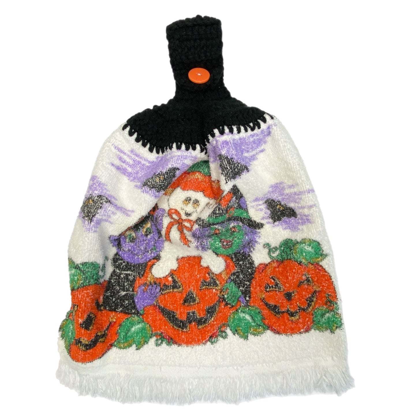 Homemade Crochet Top Halloween Towels Pumpkins Skeletons - Set of 2