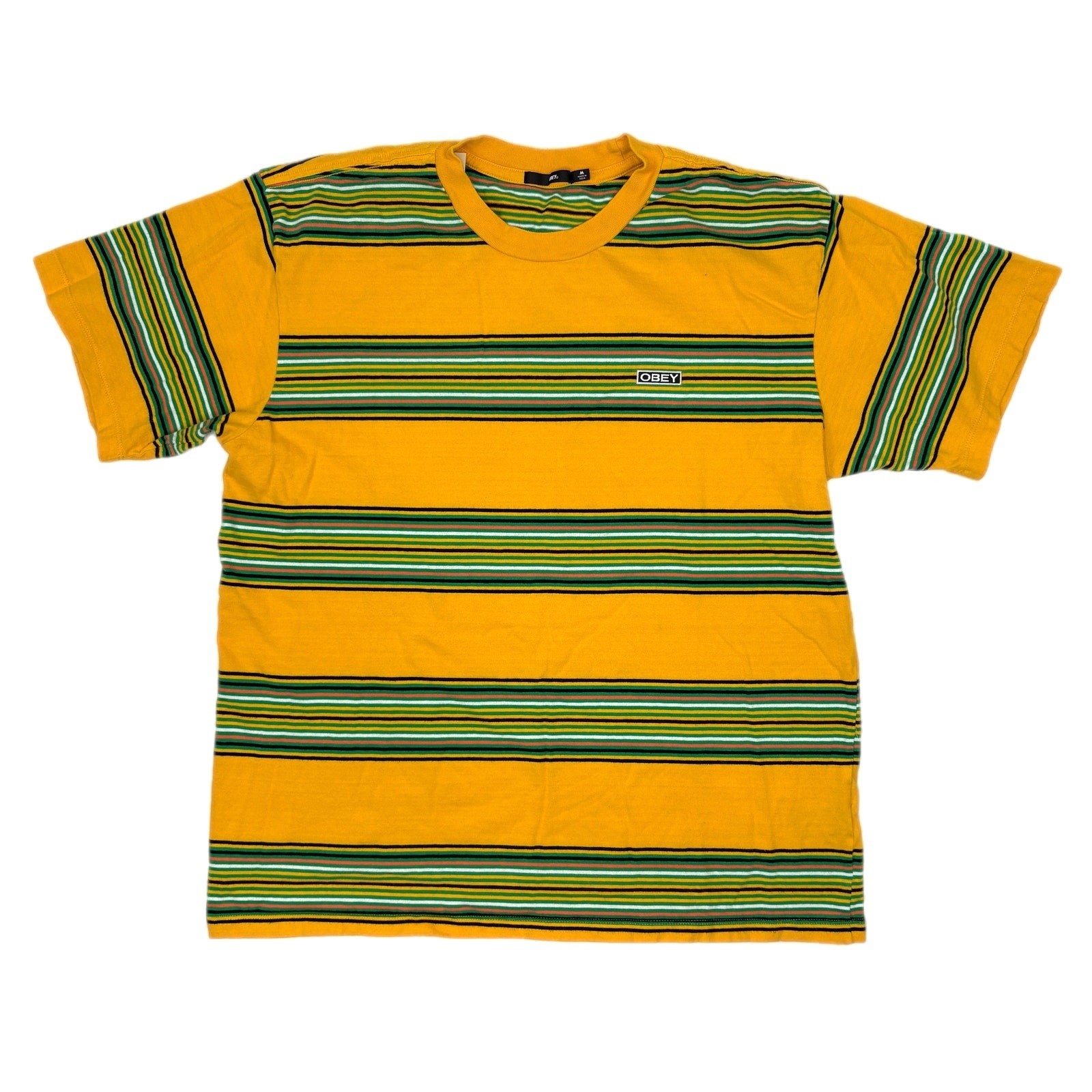 Obey Yellow Green Stripe Short Sleeve T Shirt - Men's Size M