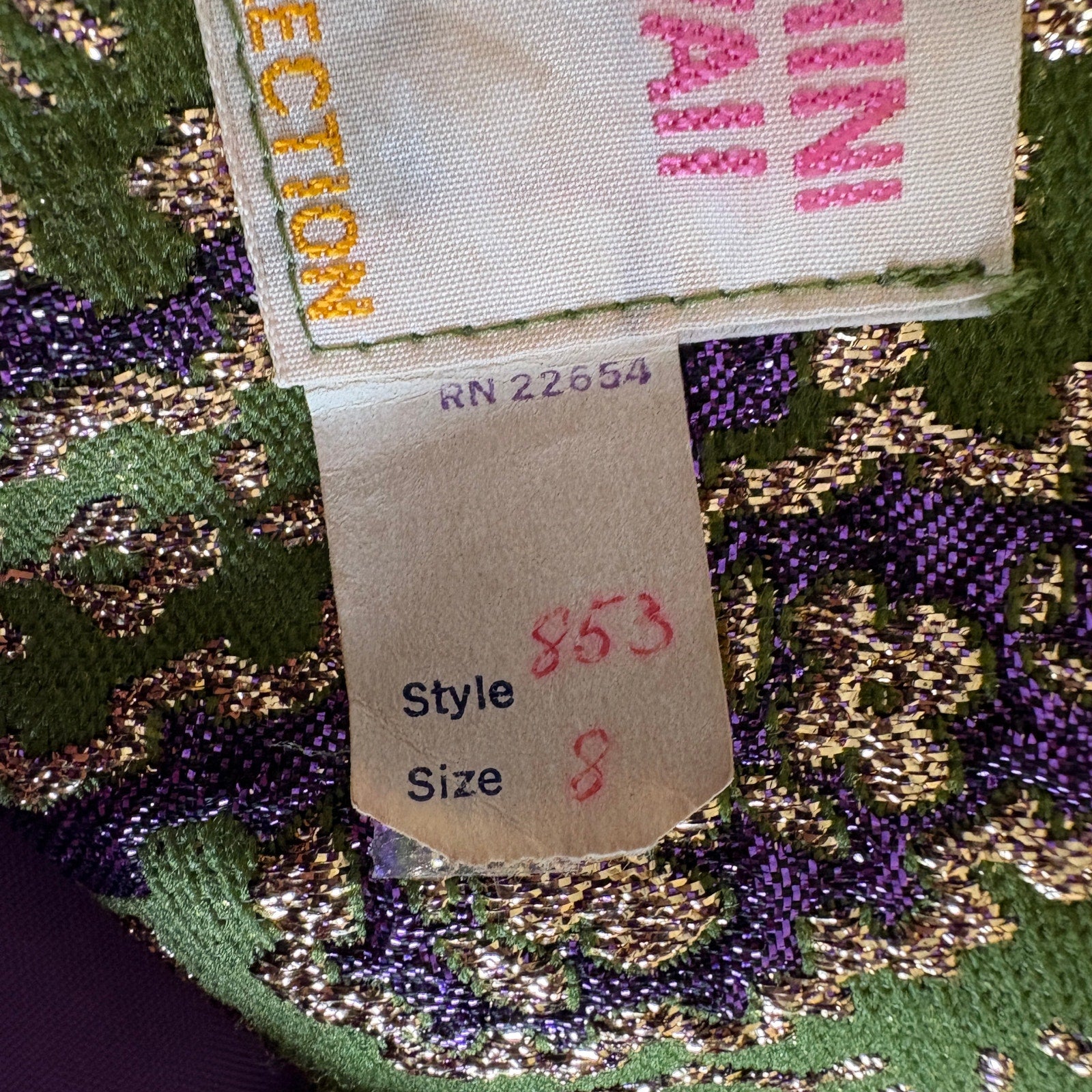 Vintage 60s Malihini Green Gold Embroidered Long Sleeveless Dress - Women's 8