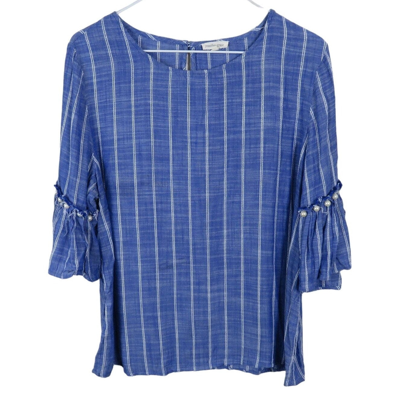Jennifer & Grace Blue Striped Boho Bell Sleeve Top - Women's Size 12