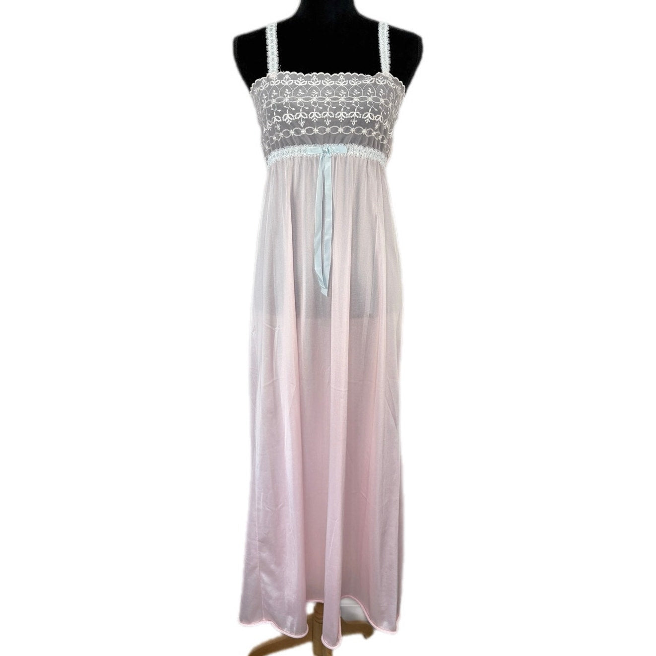 American Vintage Pink Nylon Strappy Long Nightgown Cute Bow - Women's Size M