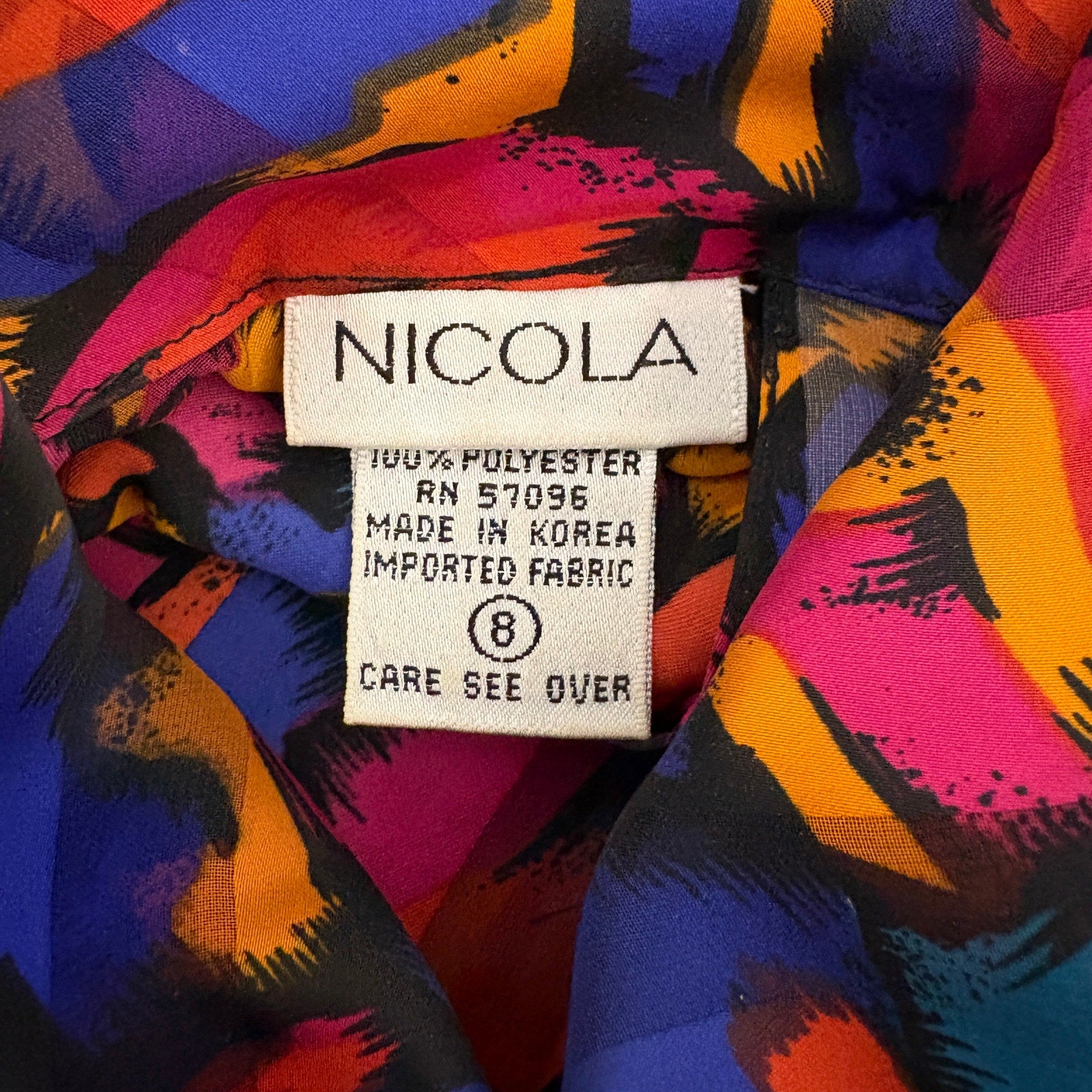 Vintage Bright Color Abstract Pattern High Neck Blouse - Women's Size 8