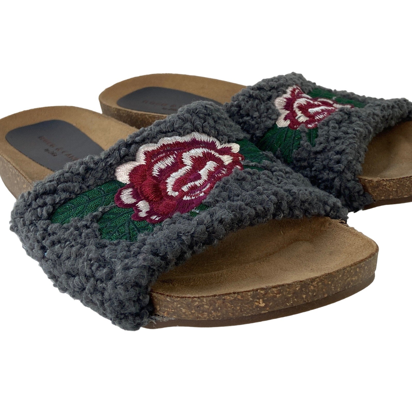 Rock & Candy Faux Fur Embroidered Floral Slides - Women's Size 9.5