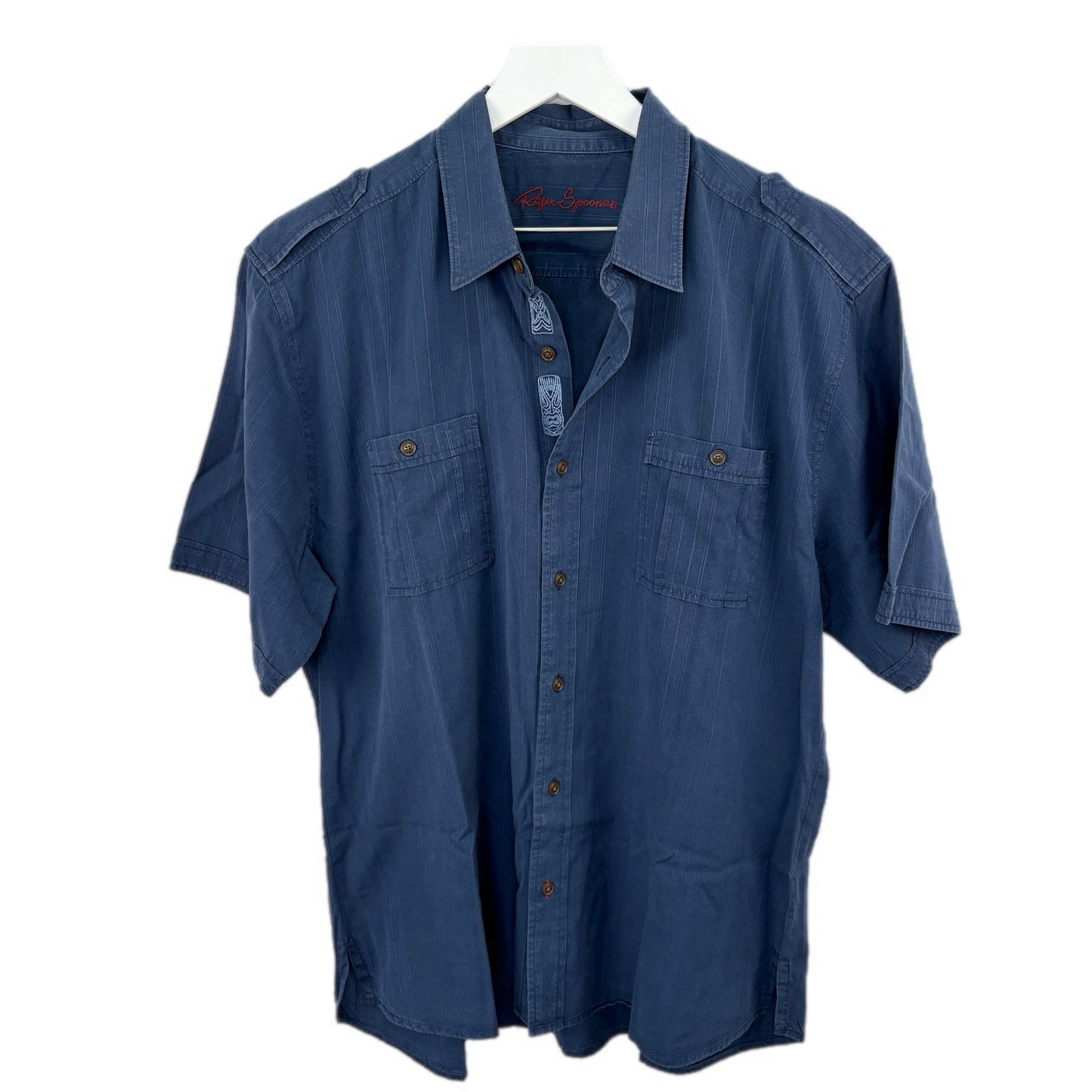 Reyn Spooner Blue Tiki Embroidered Hawaiian Shirt - Men's L