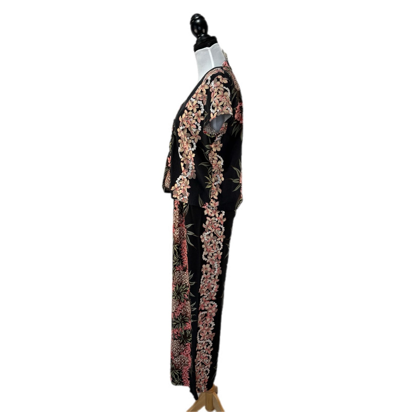 Vintage Hilo Hattie Black Floral 2 Piece Long Skirt Set - Women's Size M