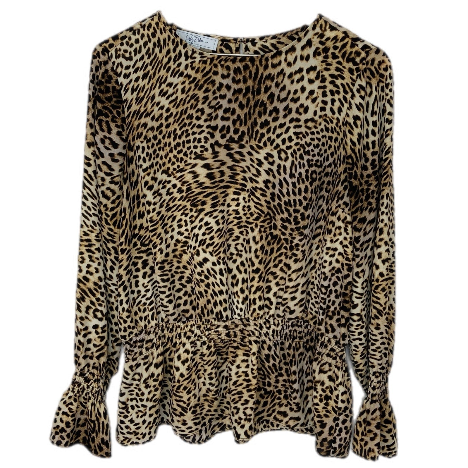 Libby Edelman Leopard Print Gathered Waist Peplum Mob Wife Chic Top - Women'se L