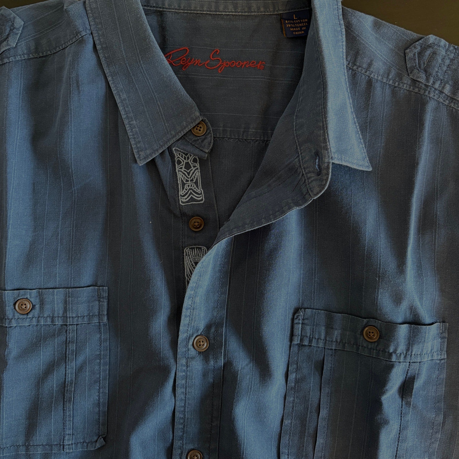 Reyn Spooner Blue Tiki Embroidered Hawaiian Shirt - Men's L