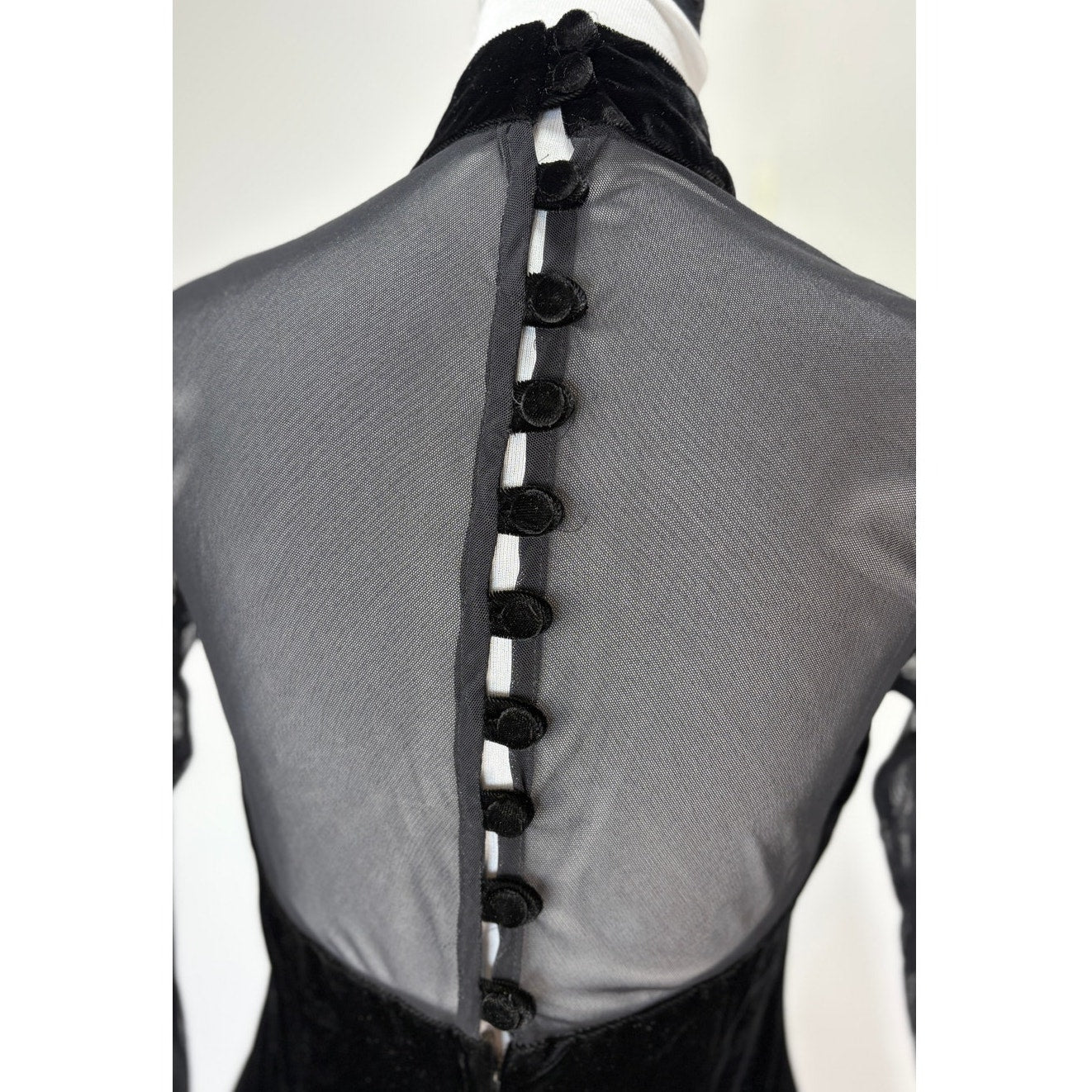 Vintage Black Velvet Sheer Long Sleeve Formal Dress - Women's Size 10