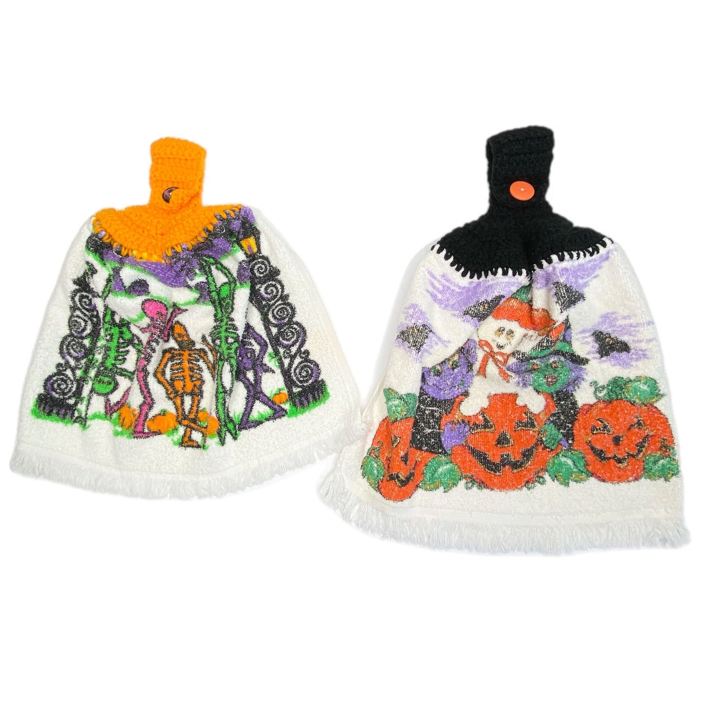 Homemade Crochet Top Halloween Towels Pumpkins Skeletons - Set of 2