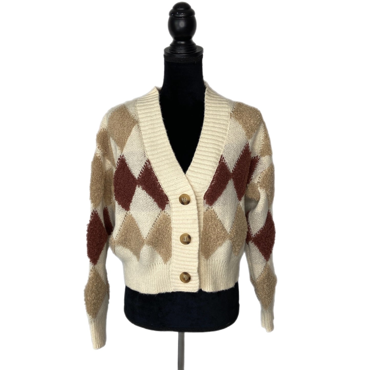 Light Academia Crop Argyle Sweater Cardigan NWT - Women's Size S