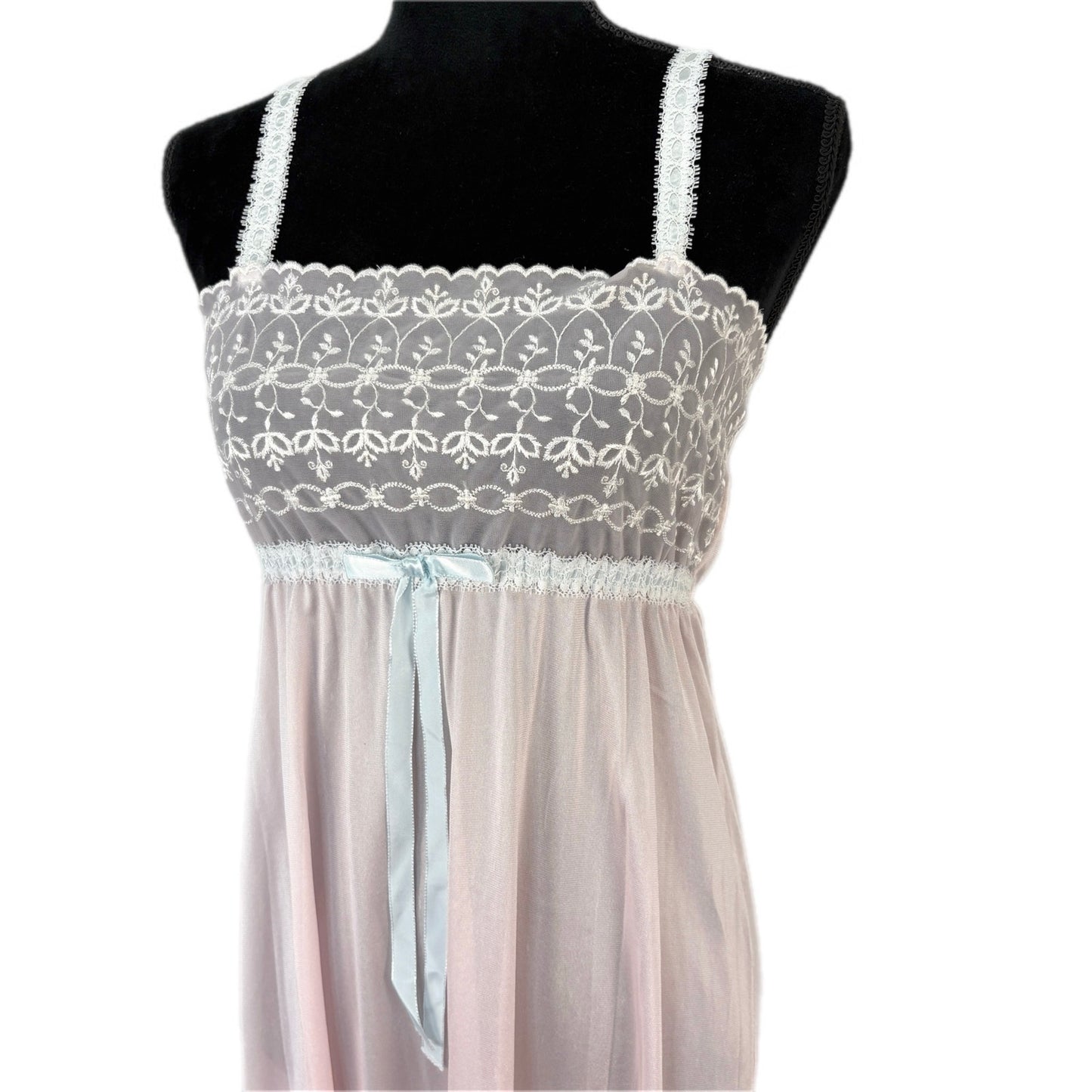 American Vintage Pink Nylon Strappy Long Nightgown Cute Bow - Women's Size M