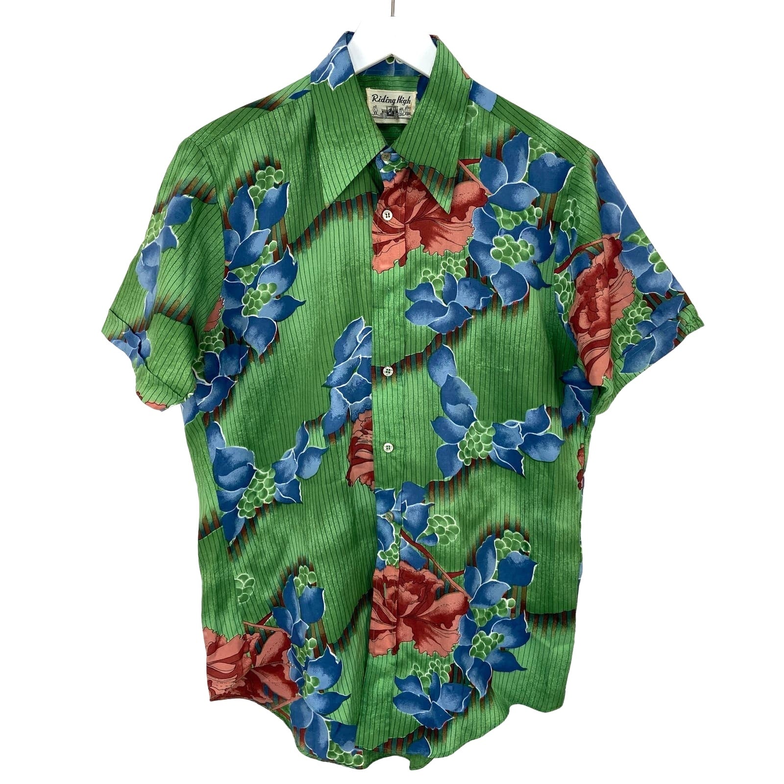 Retro Striped Floral 70's Style Collar Short Sleeve Shirt - Men's Size 15