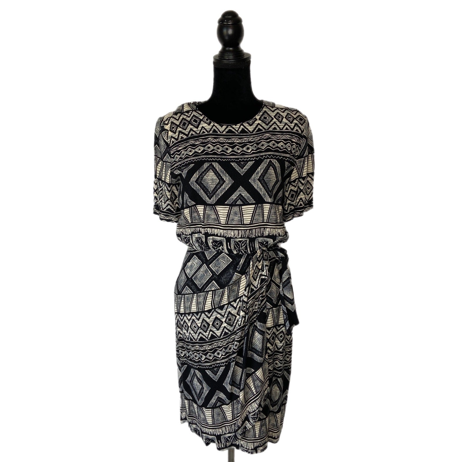 Vintage Abstract Geo Pattern Faux Wrap Dress Made in USA - Women's Size 4