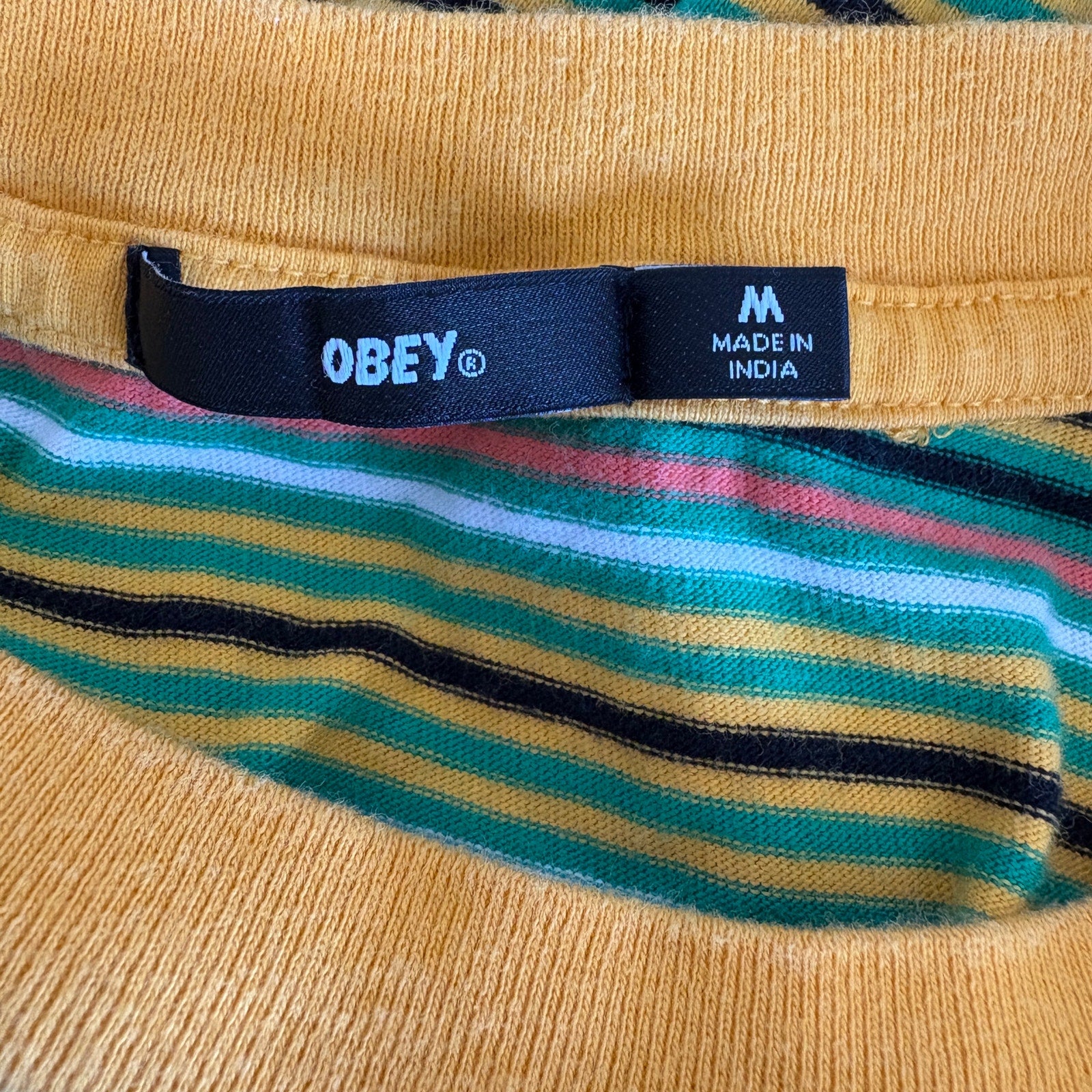 Obey Yellow Green Stripe Short Sleeve T Shirt - Men's Size M