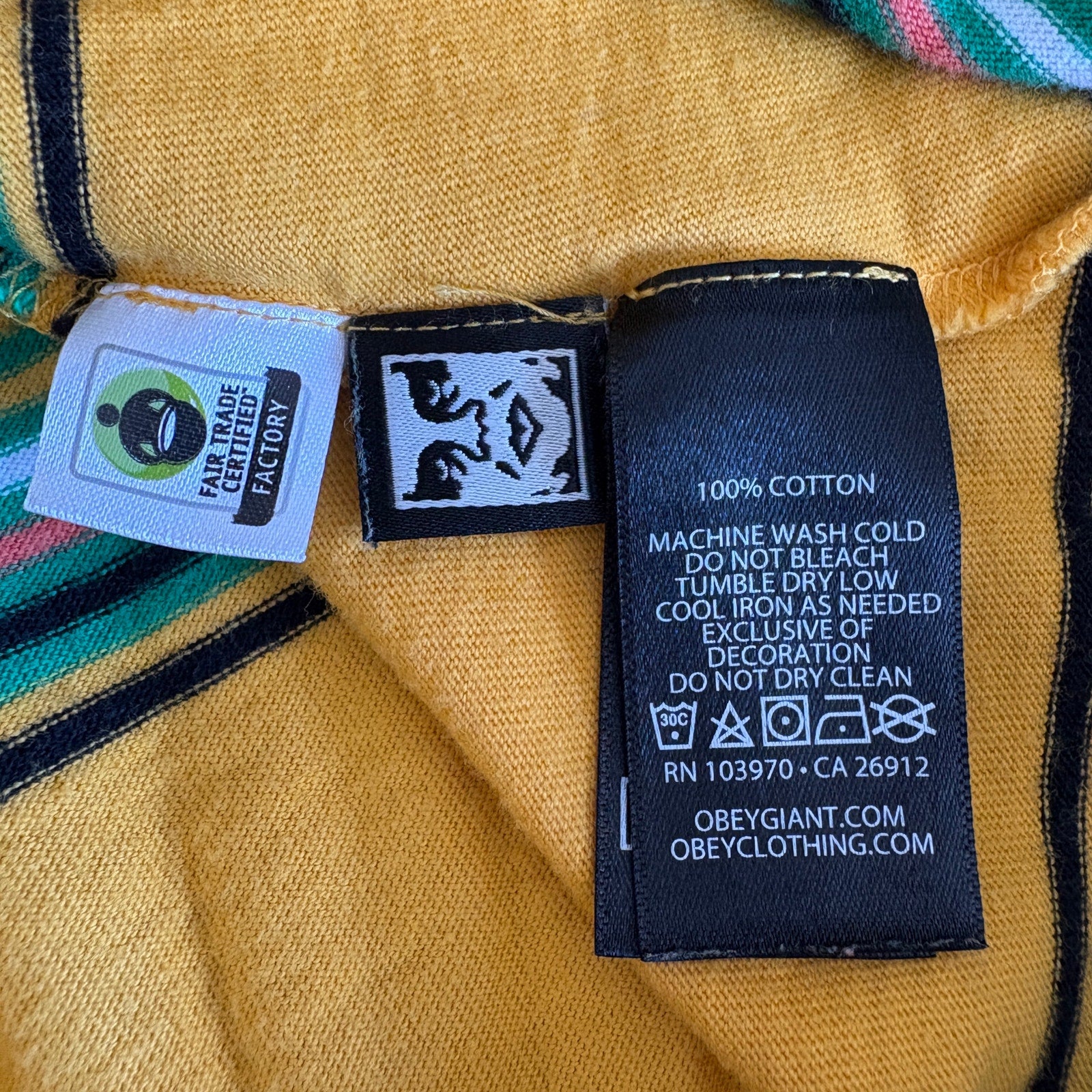 Obey Yellow Green Stripe Short Sleeve T Shirt - Men's Size M