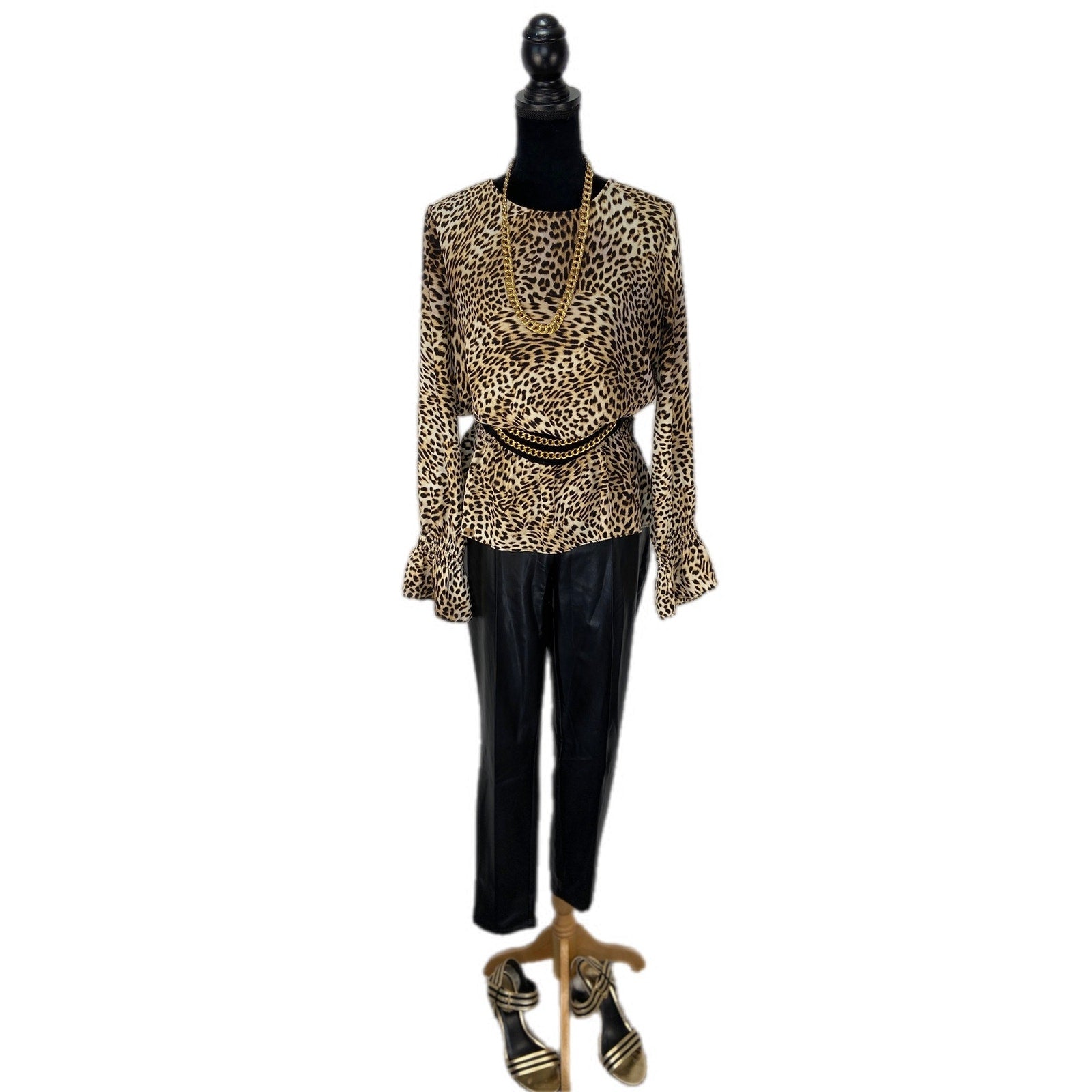 Libby Edelman Leopard Print Gathered Waist Peplum Mob Wife Chic Top - Women'se L