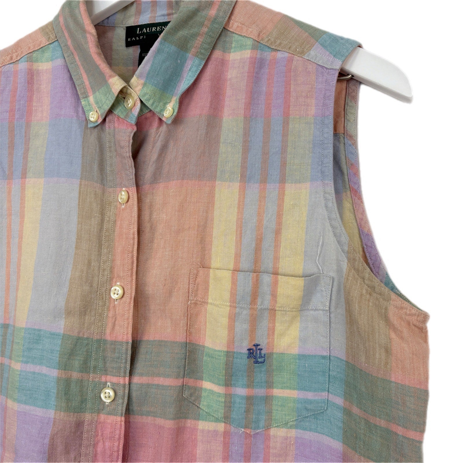 Ralph Lauren Pastel Plaid Sleeveless Button Up Shirt - Women's Size L