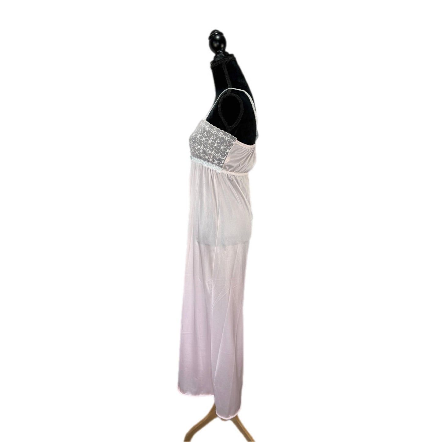 American Vintage Pink Nylon Strappy Long Nightgown Cute Bow - Women's Size M
