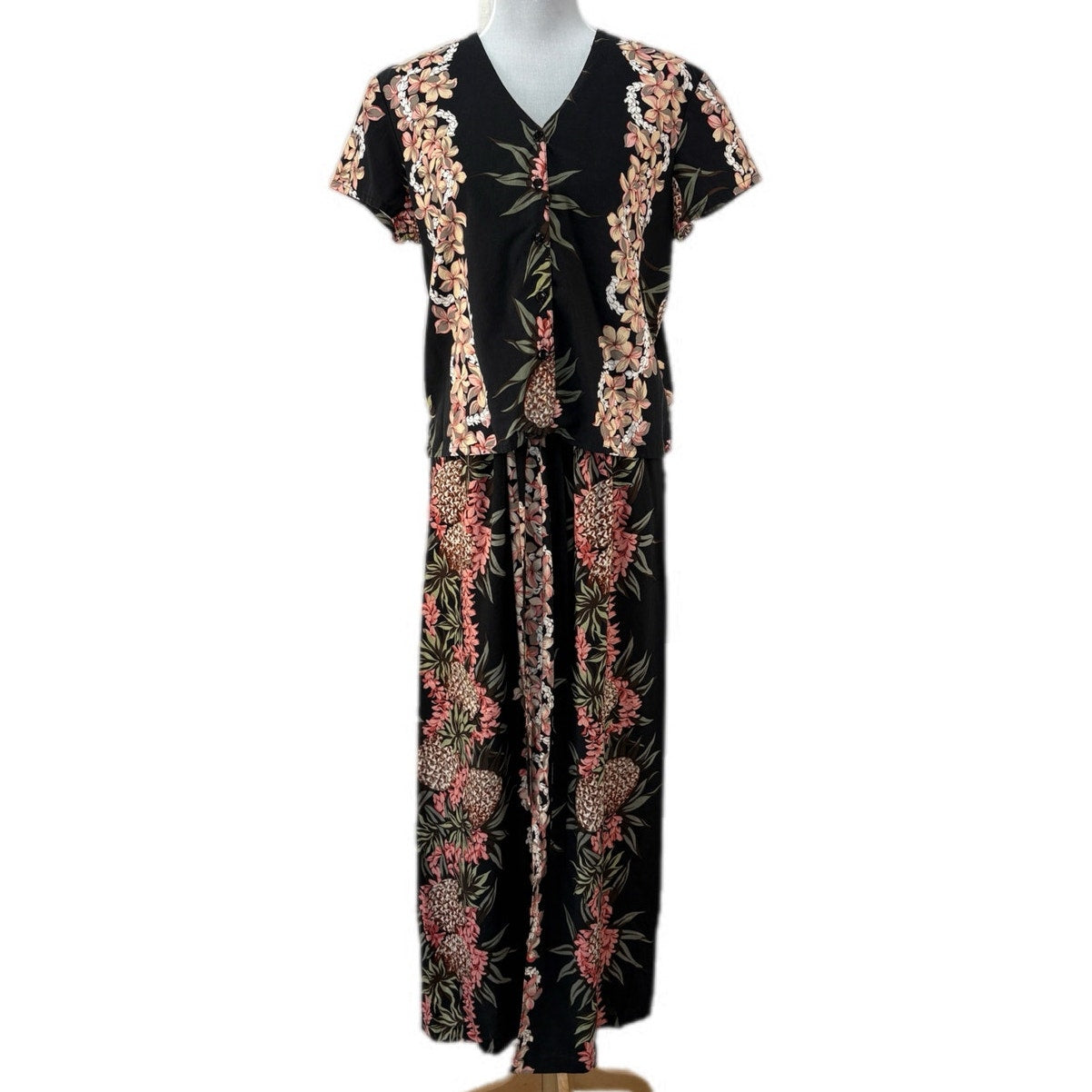 Vintage Hilo Hattie Black Floral 2 Piece Long Skirt Set - Women's Size M