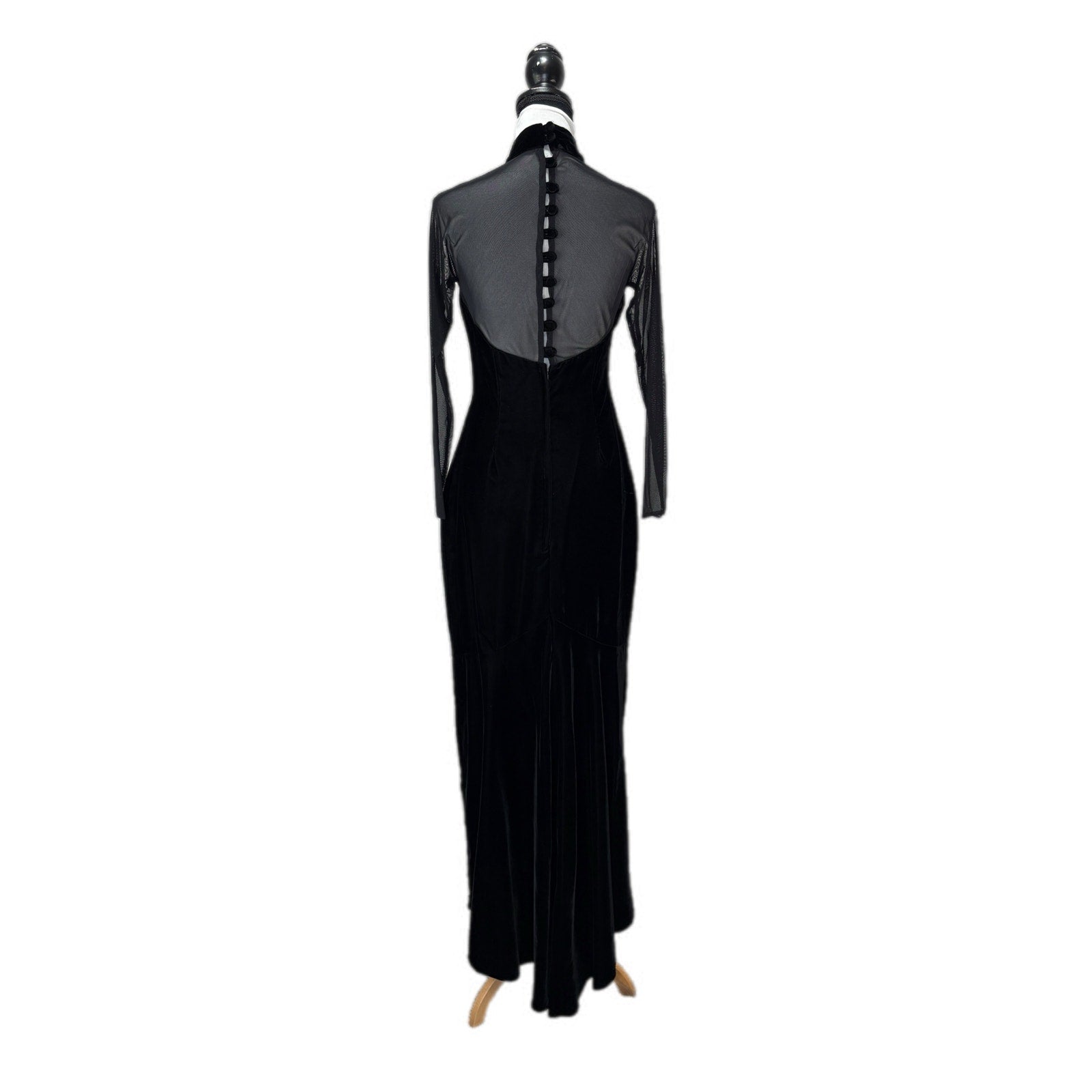 Vintage Black Velvet Sheer Long Sleeve Formal Dress - Women's Size 10