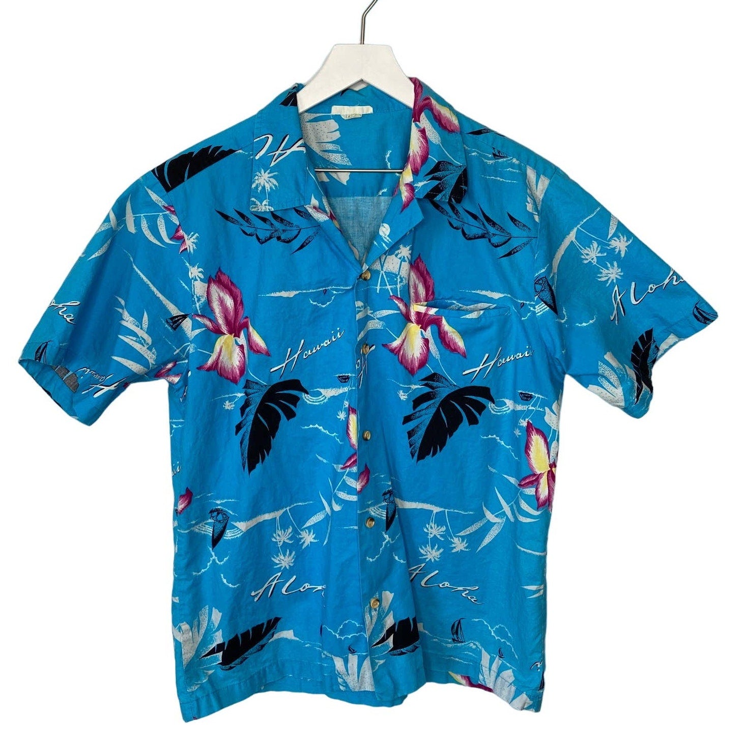 Vintage Bright Blue Hawaiian Shirt Made in USA - Men's Size Large
