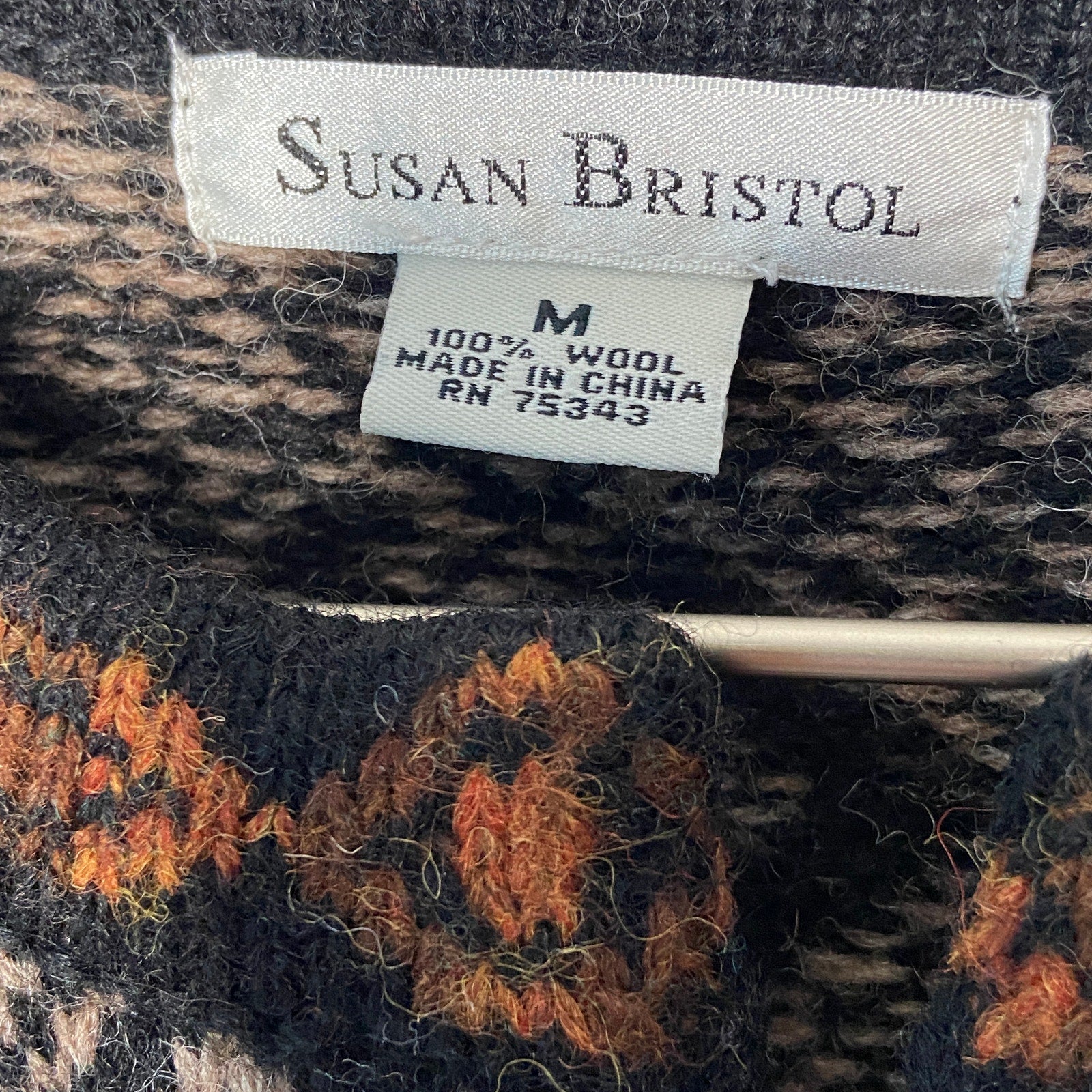 Susan Bristol Wool Metal Clasp Diamond Pattern Cardigan - Women's Size M