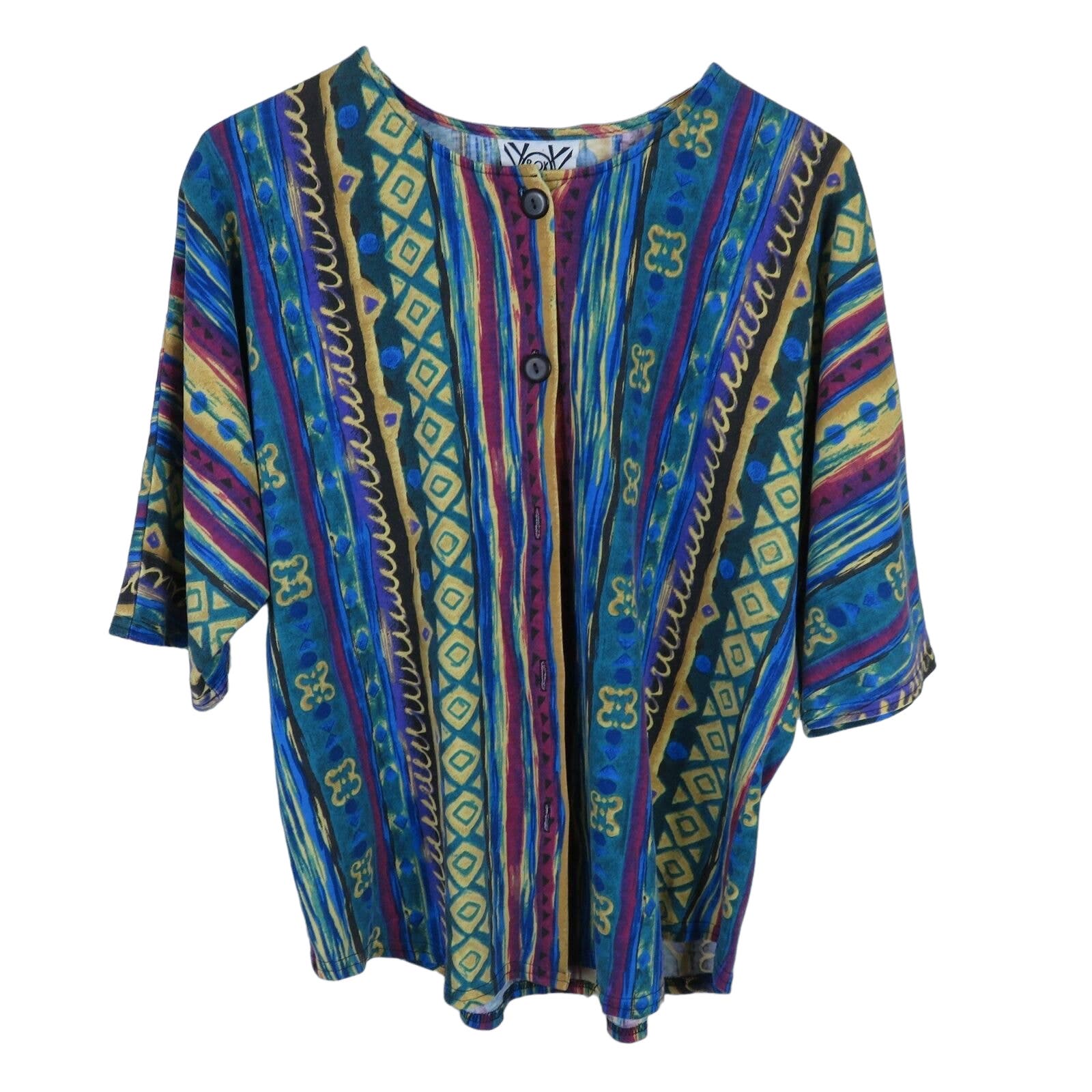 Vintage Abstract Print Multi Color Button Up Shirt - Women's M