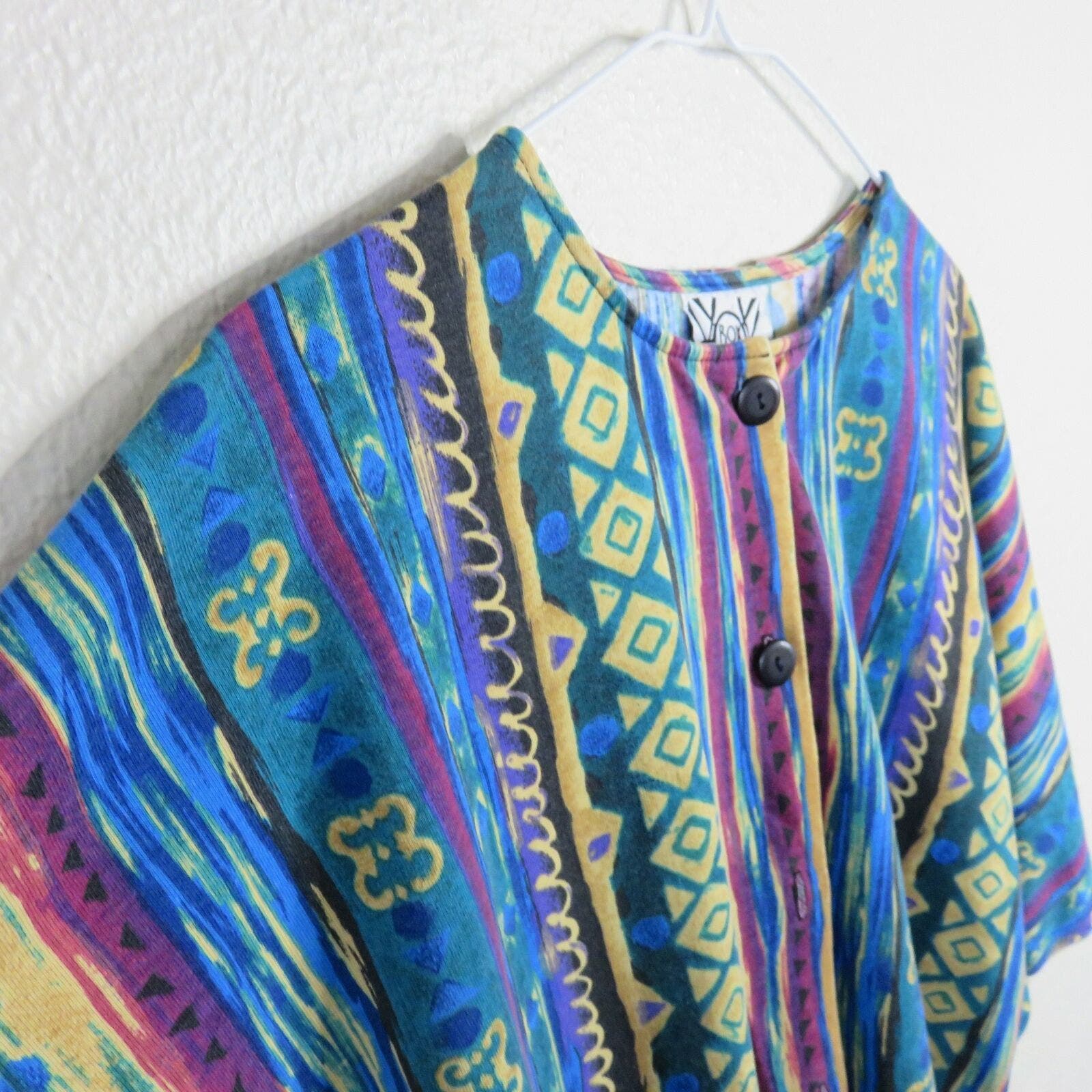 Vintage Abstract Print Multi Color Button Up Shirt - Women's M