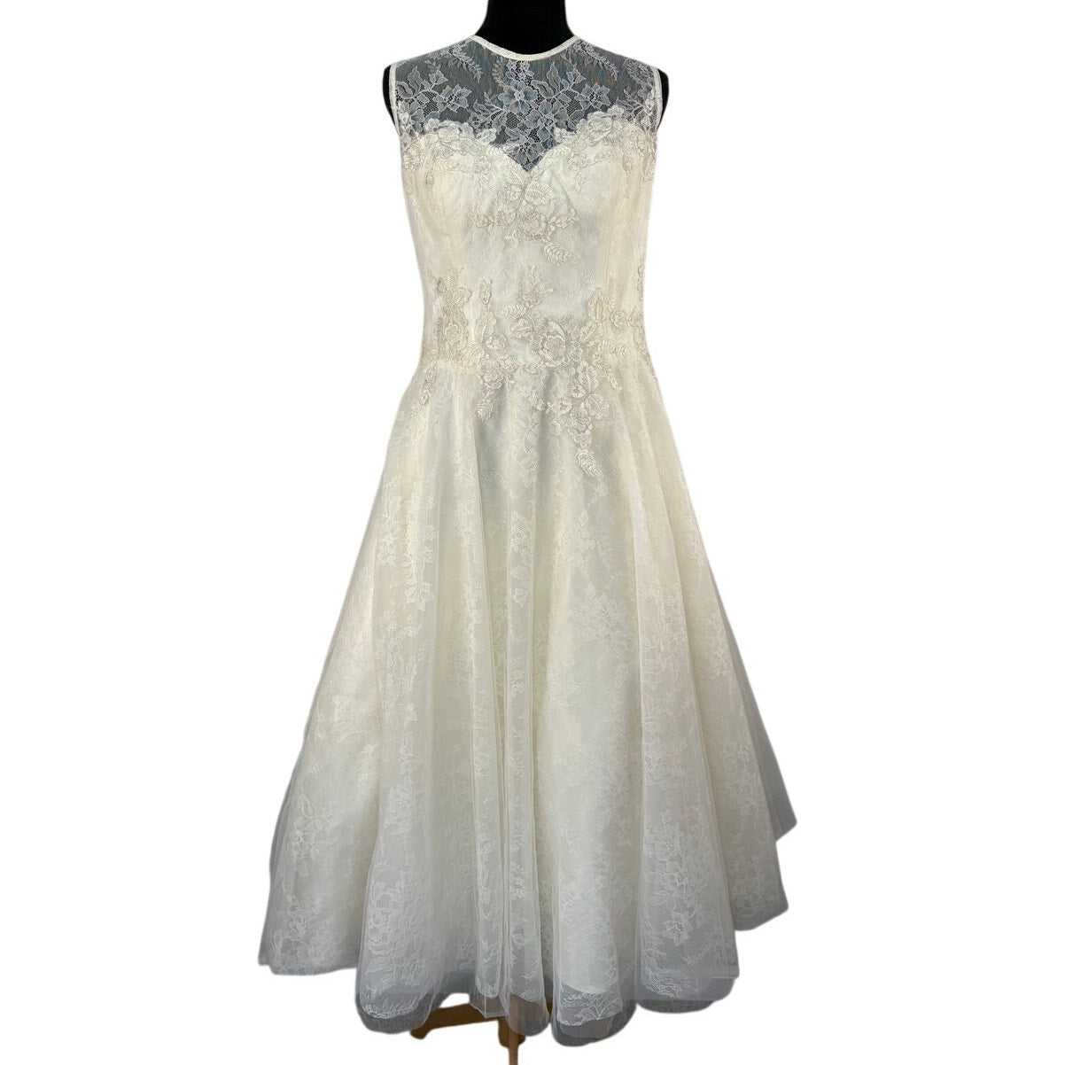 Alfred Angelo Tea Length Ivory Lace Sleeveless Wedding Dress - Women's Size 16