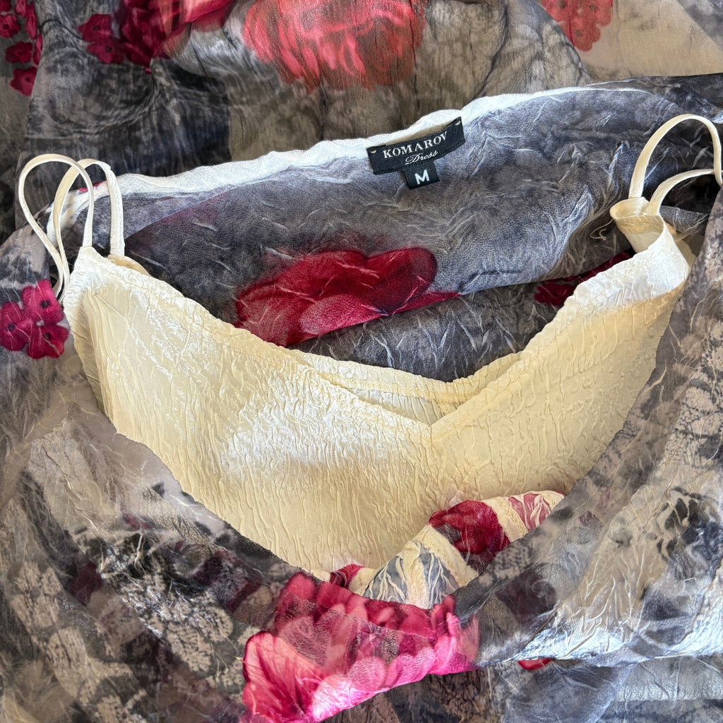 Metallic Rose Pattern Crinkle Fabric Midi Dress - Women's Size M