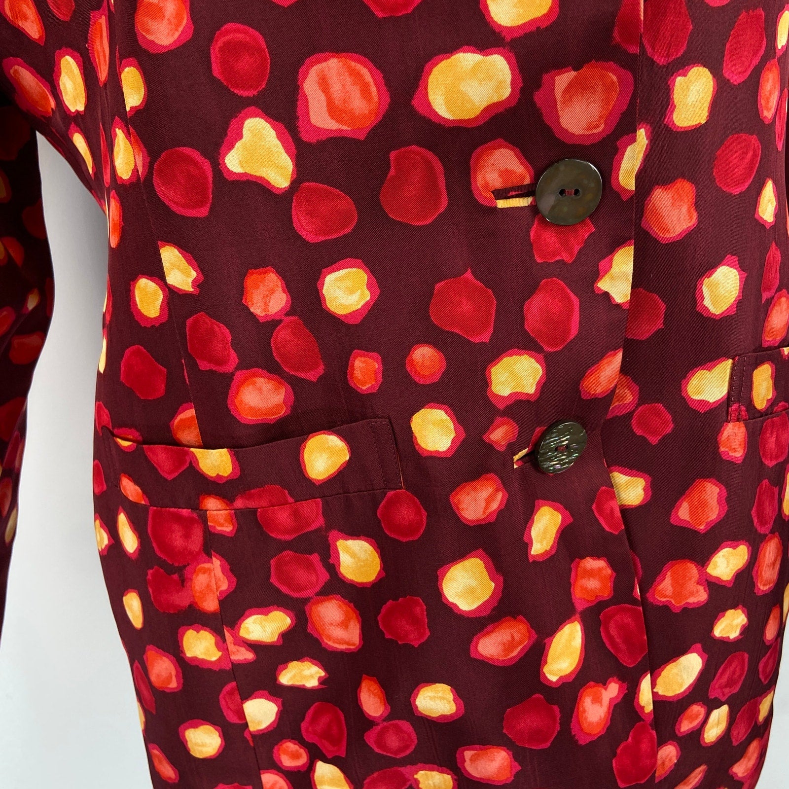 Vintage Flora Kung Red Silk Distorted Dot Patterned Blazer - Women's Size 12