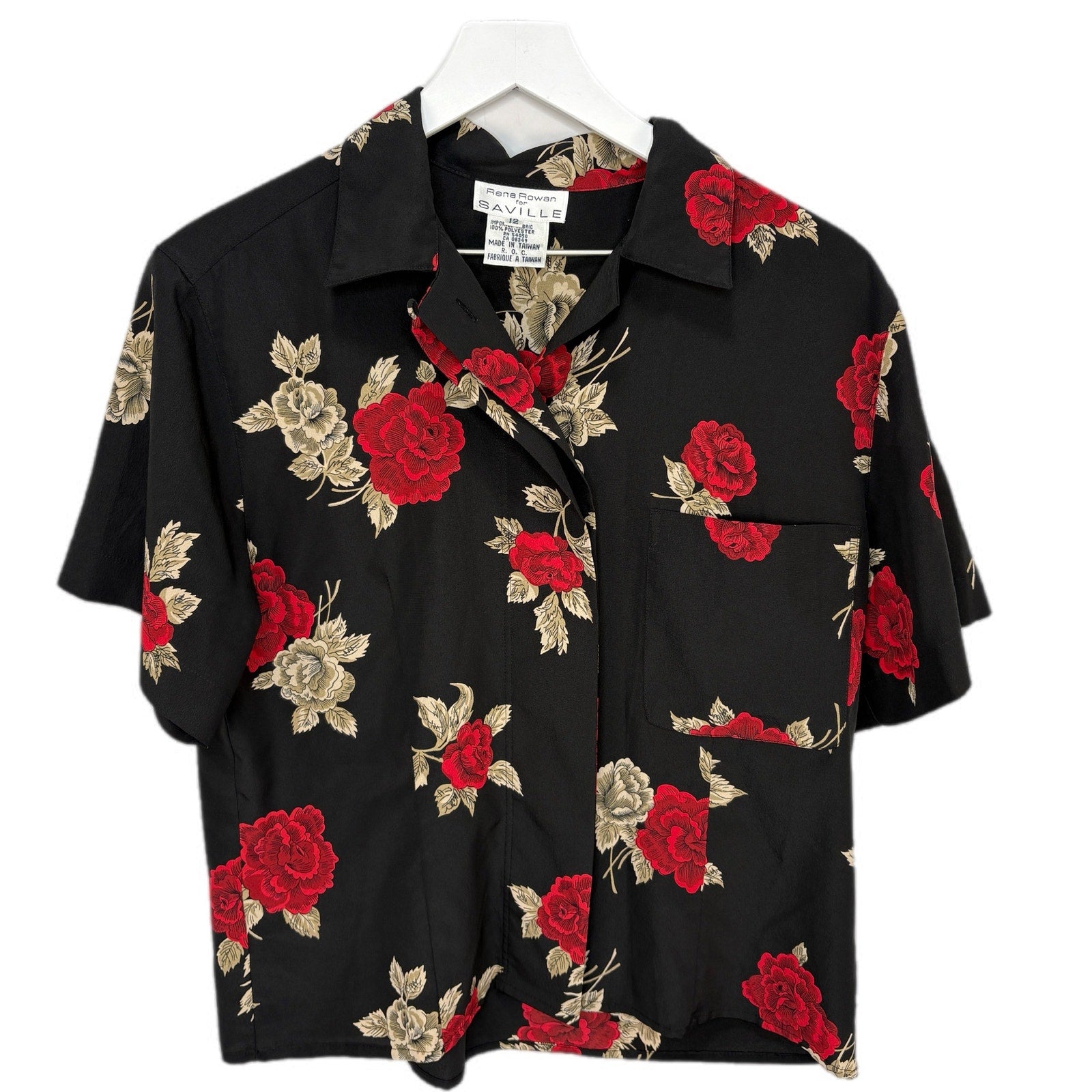 Vintage Black Red Floral Button Front Crop Shirt - Women's Size 12