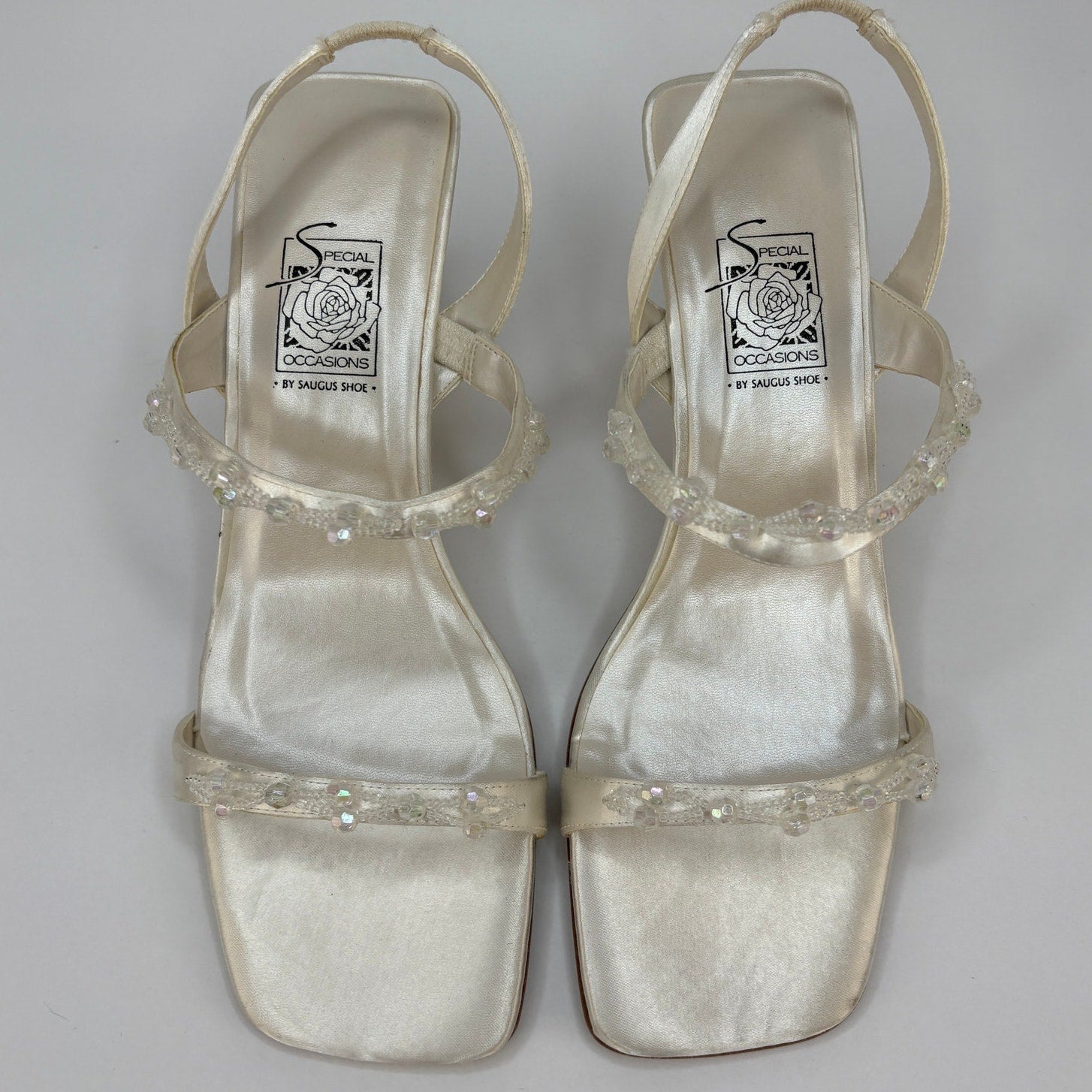 Y2K Vintage White Beaded Square Toe Acrylic Heel Sandals - Women's Size 7.5