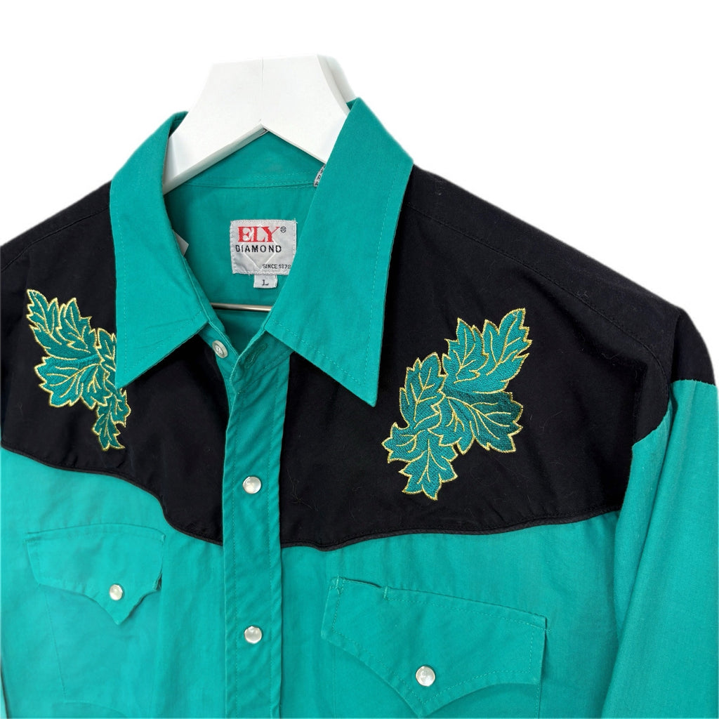 Vintage Ely Diamond Western Shirt Pearl Snap Leaf Applique - Men's Size L