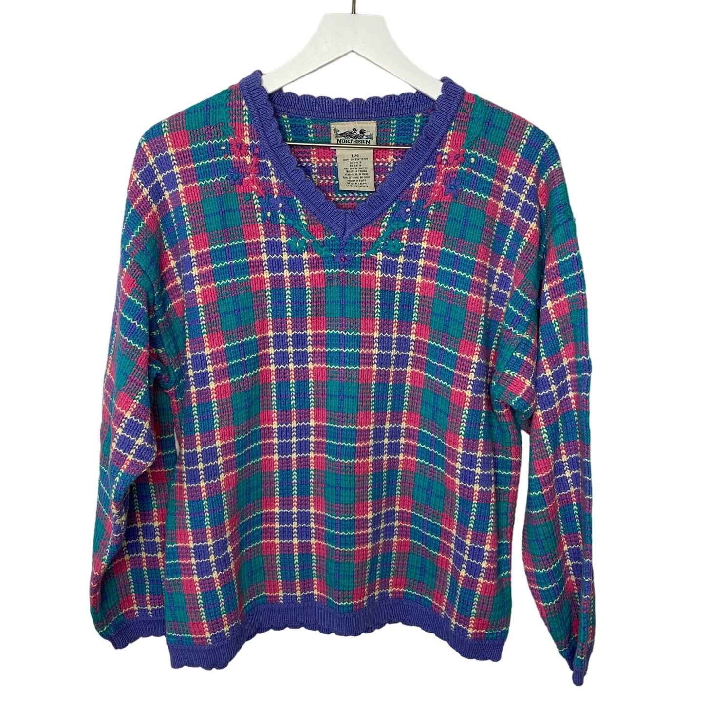 Vintage Northern Reflections Bright Plaid V Neck Sweater - Women's Size L