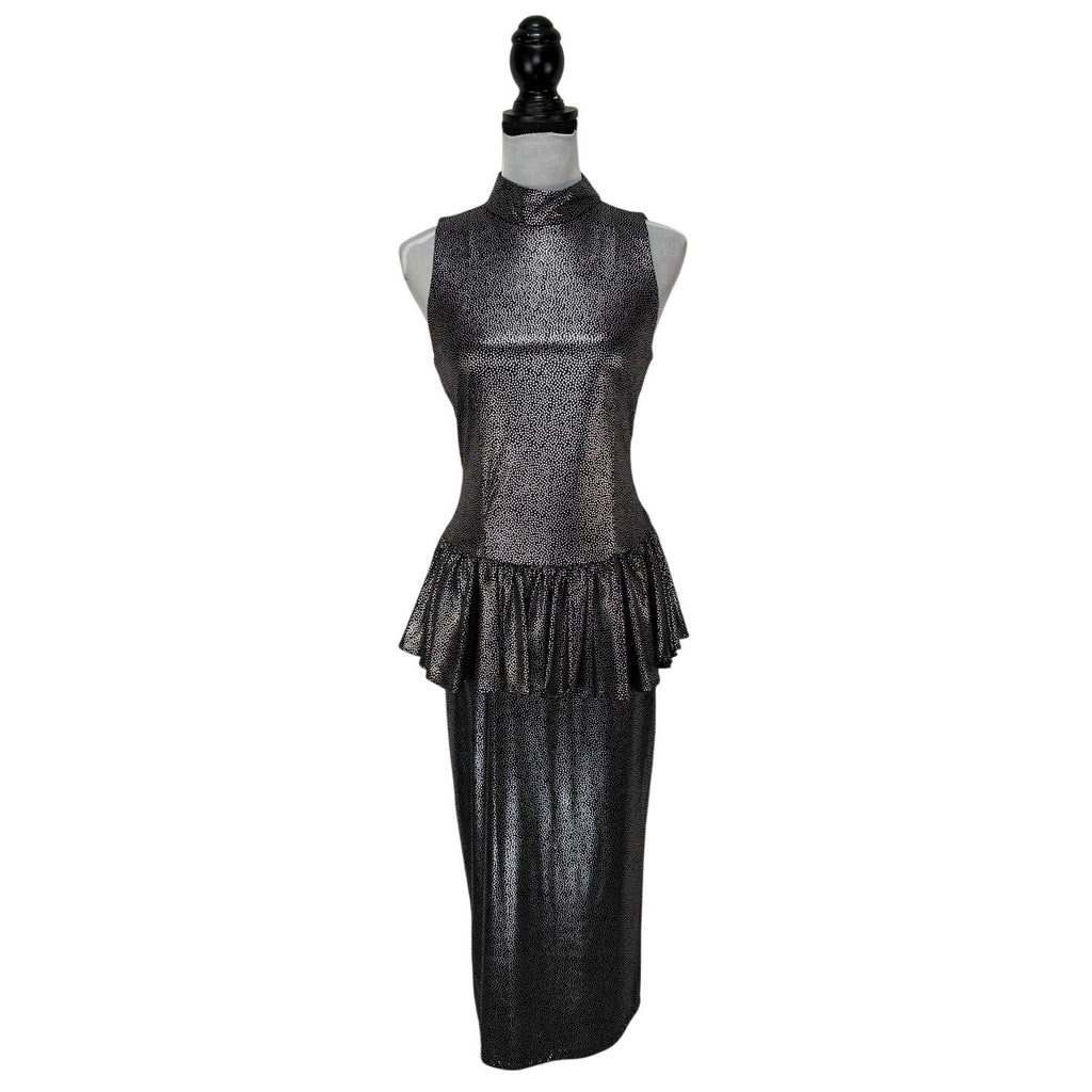 Vintage Silver Dot Sheath Dress Peplum Waist - Women's Size 8
