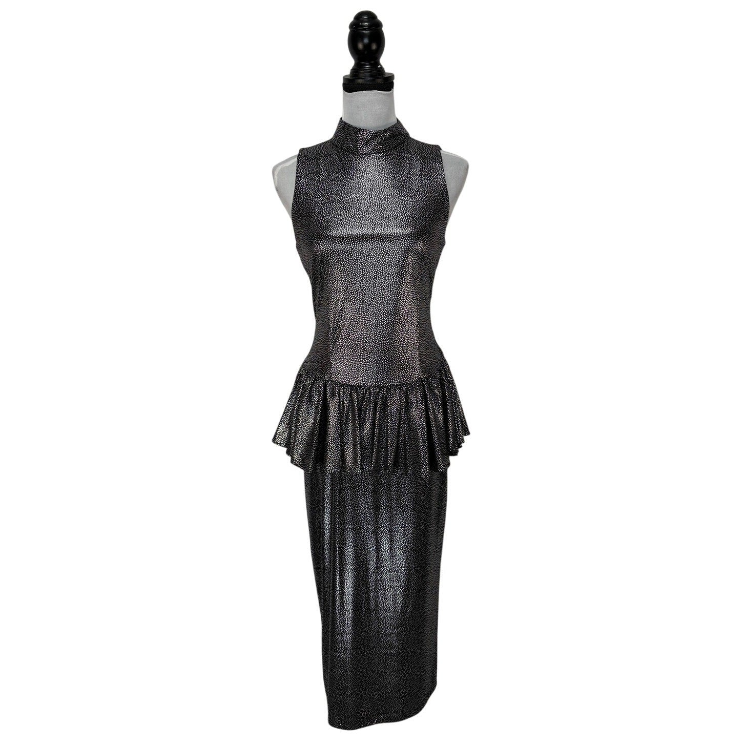 Vintage Silver Dot Sheath Dress Peplum Waist - Women's Size 8