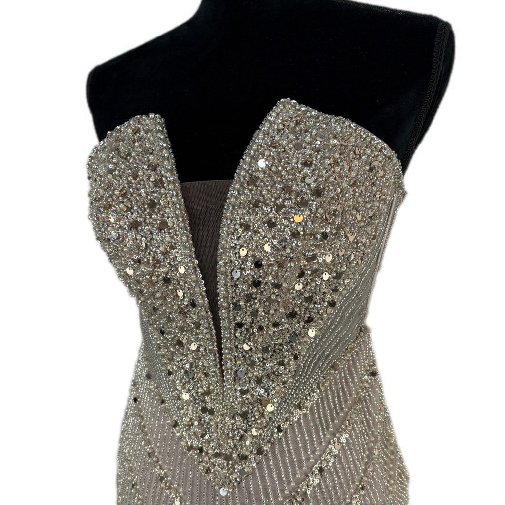 Ladivine Strapless Fitted Beaded Gown in Champagne CD0216 - Women's Size 4