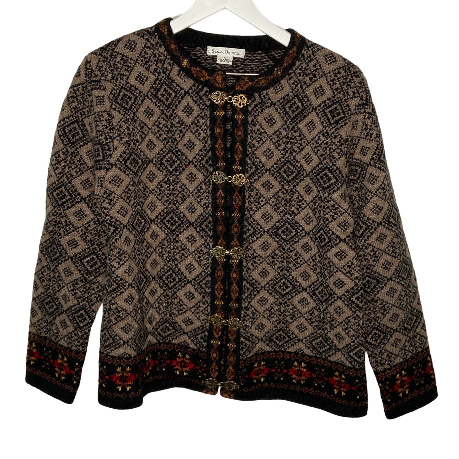 Susan Bristol Wool Metal Clasp Diamond Pattern Cardigan - Women's Size M