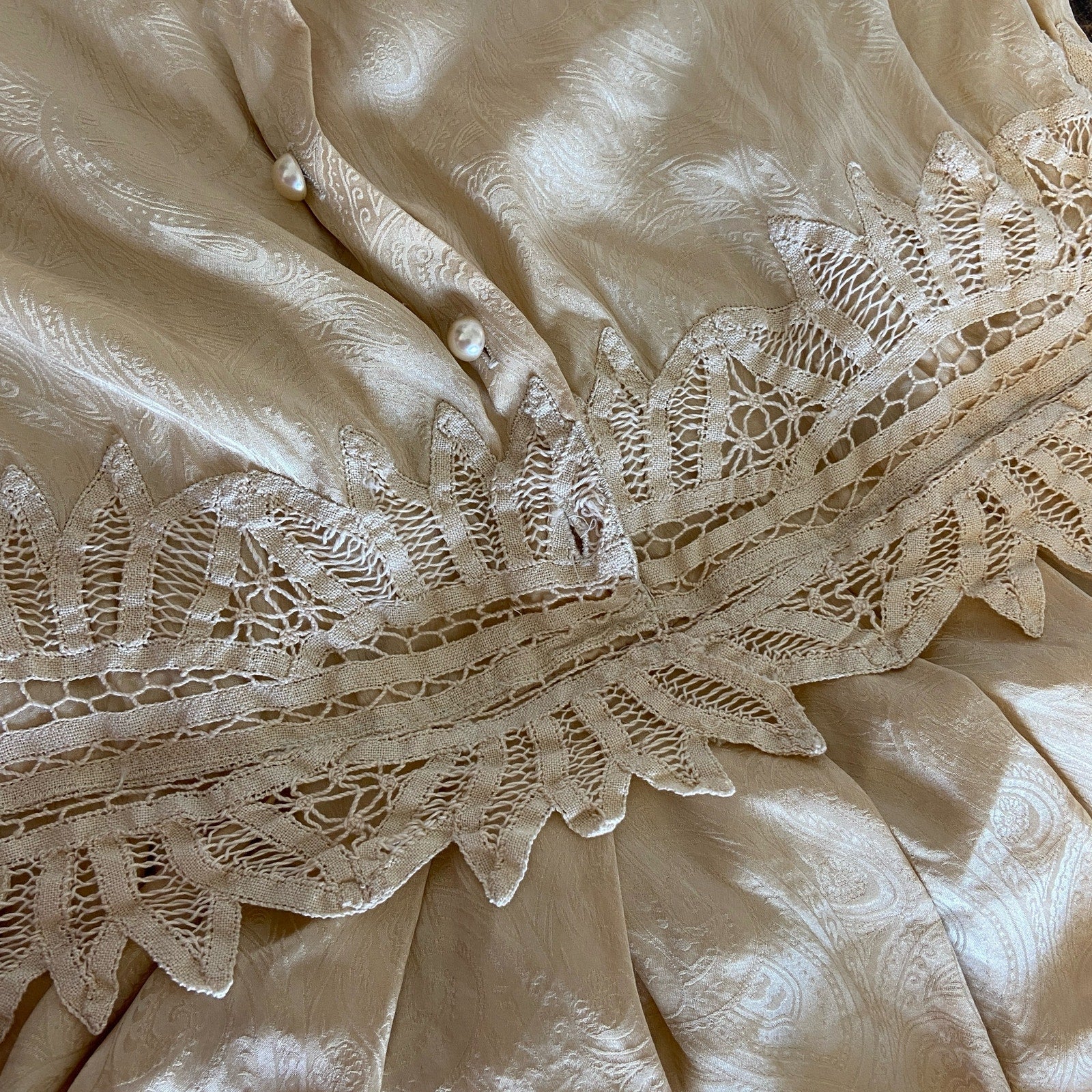 Vintage Butter Yellow Silk Damask Drop Waist 20's Style Dress - Women's Size 10