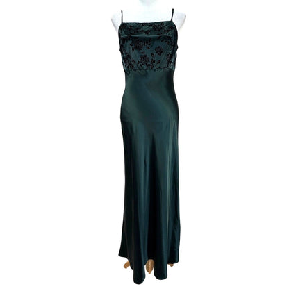 American Vintage Dark Green Velvet Flocked Floral Formal Dress - Women's Small