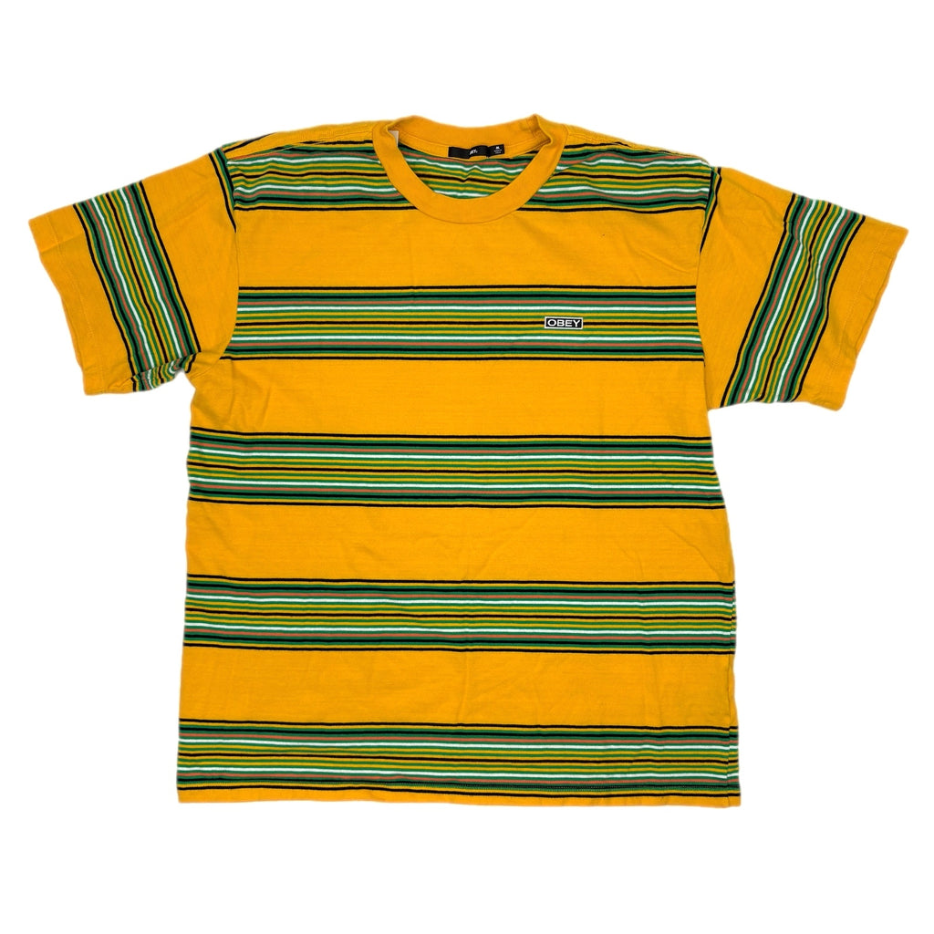 Obey Yellow Green Stripe Short Sleeve T Shirt - Men's Size M