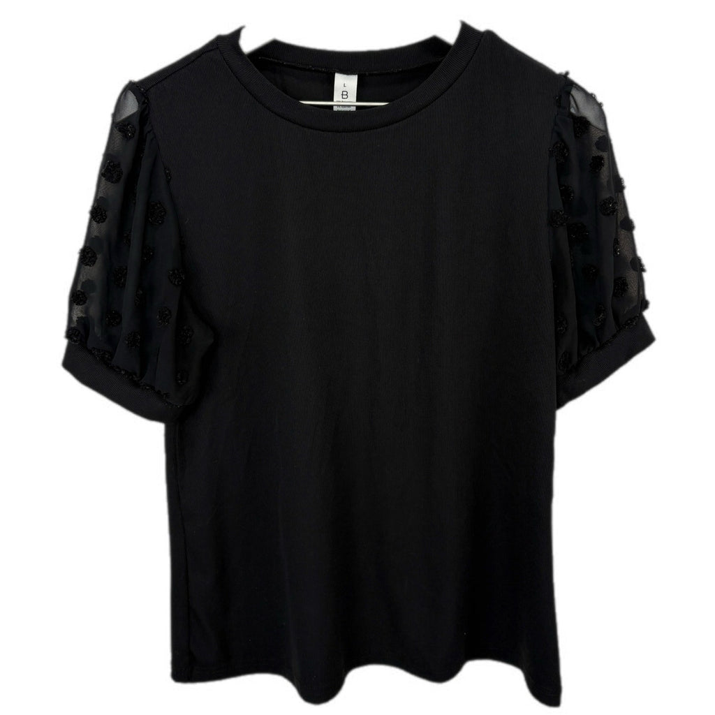 Black Ribbed Short Sheer Sleeve Top - Women's Size L