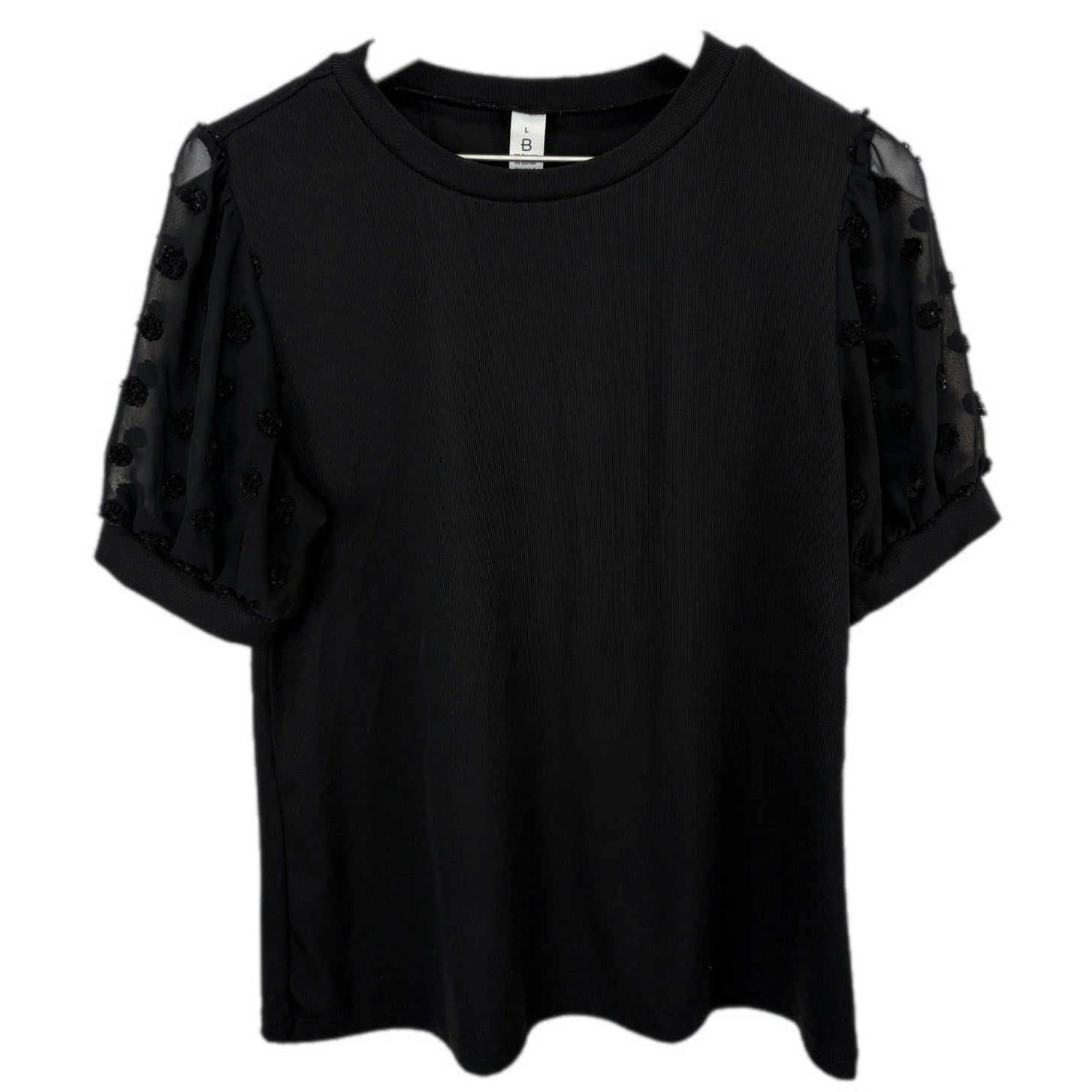 Black Ribbed Short Sheer Sleeve Top - Women's Size L