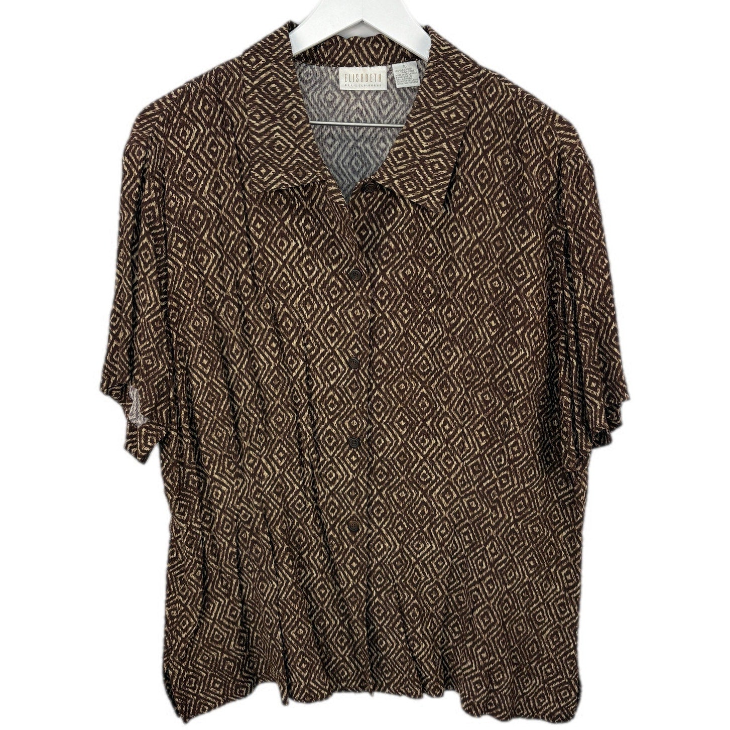 Vintage Brown Diamond Pattern Short Sleeve Button Up Shirt - Women's 16