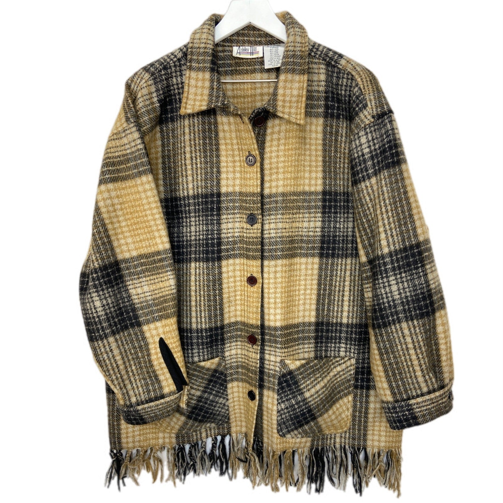 Vintage Wool Blend Plaid Oversized Long Fringe Shacket - Women's Size XL