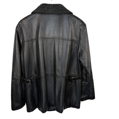 Y2K Black Leather Sherpa Collar Jacket - Women's Size L