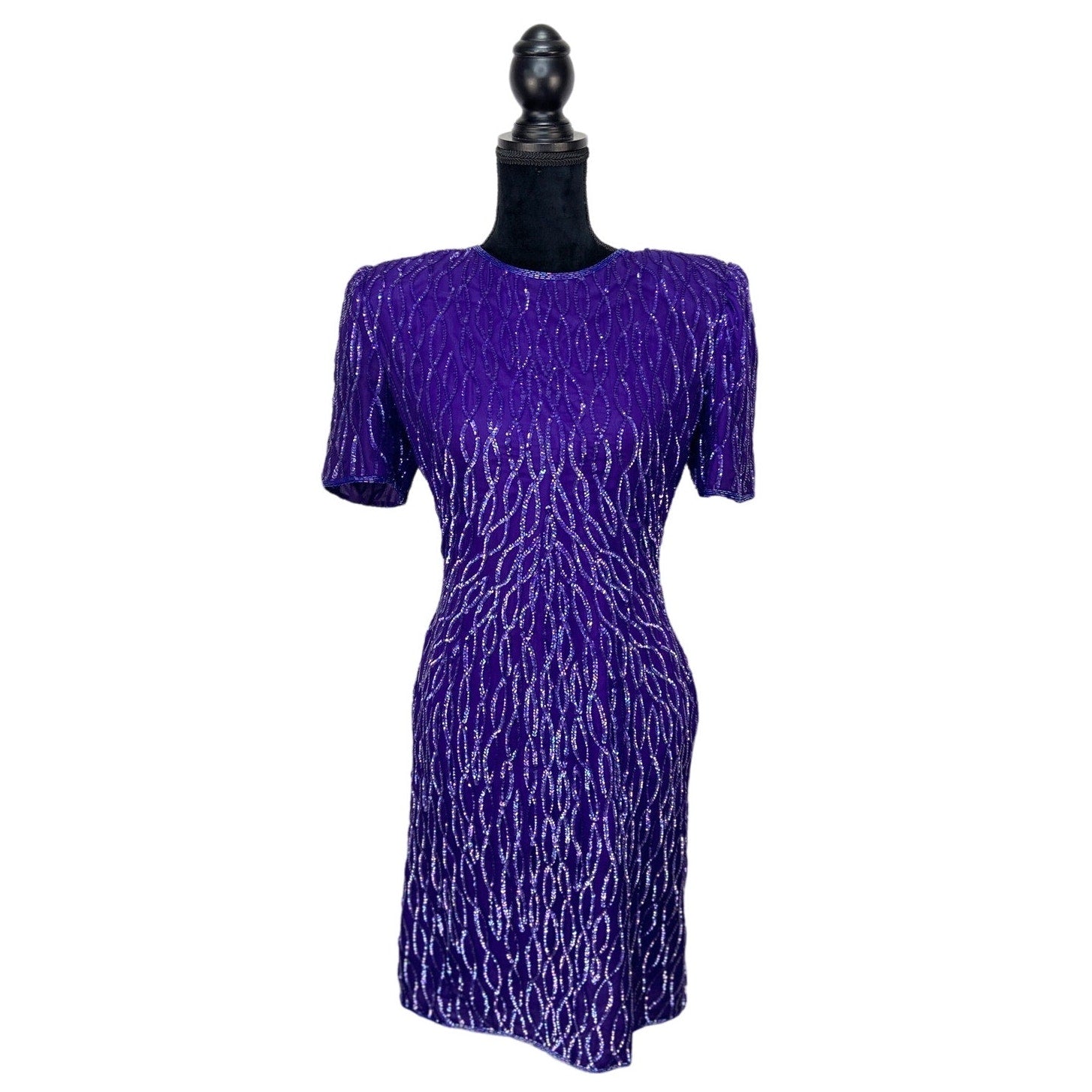 Vintage Laurence Kazar Purple Silk Sequins Cocktail Dress - Women's Size M