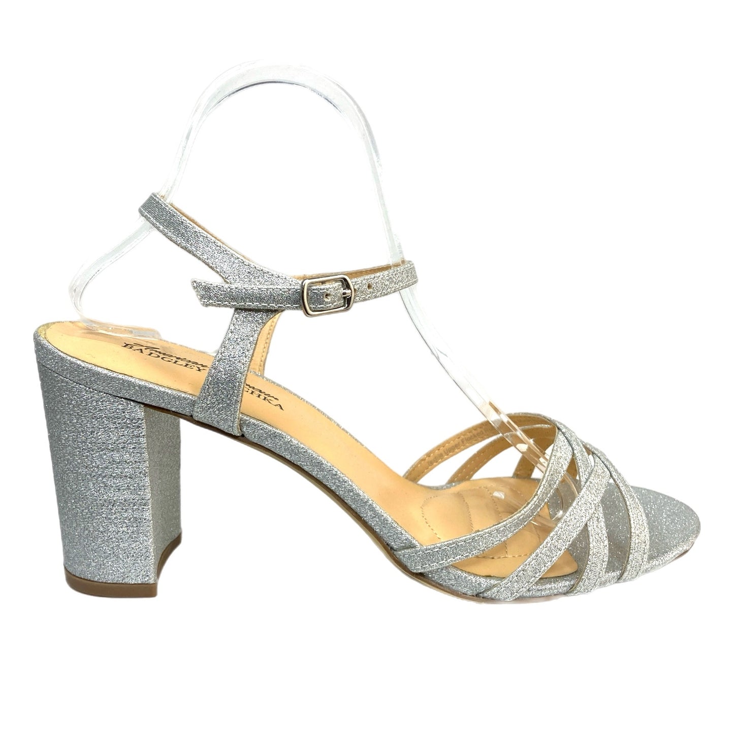 Badgley Mischka American Glamour Silver Sparkly Strappy Chunky Heels - Women 10